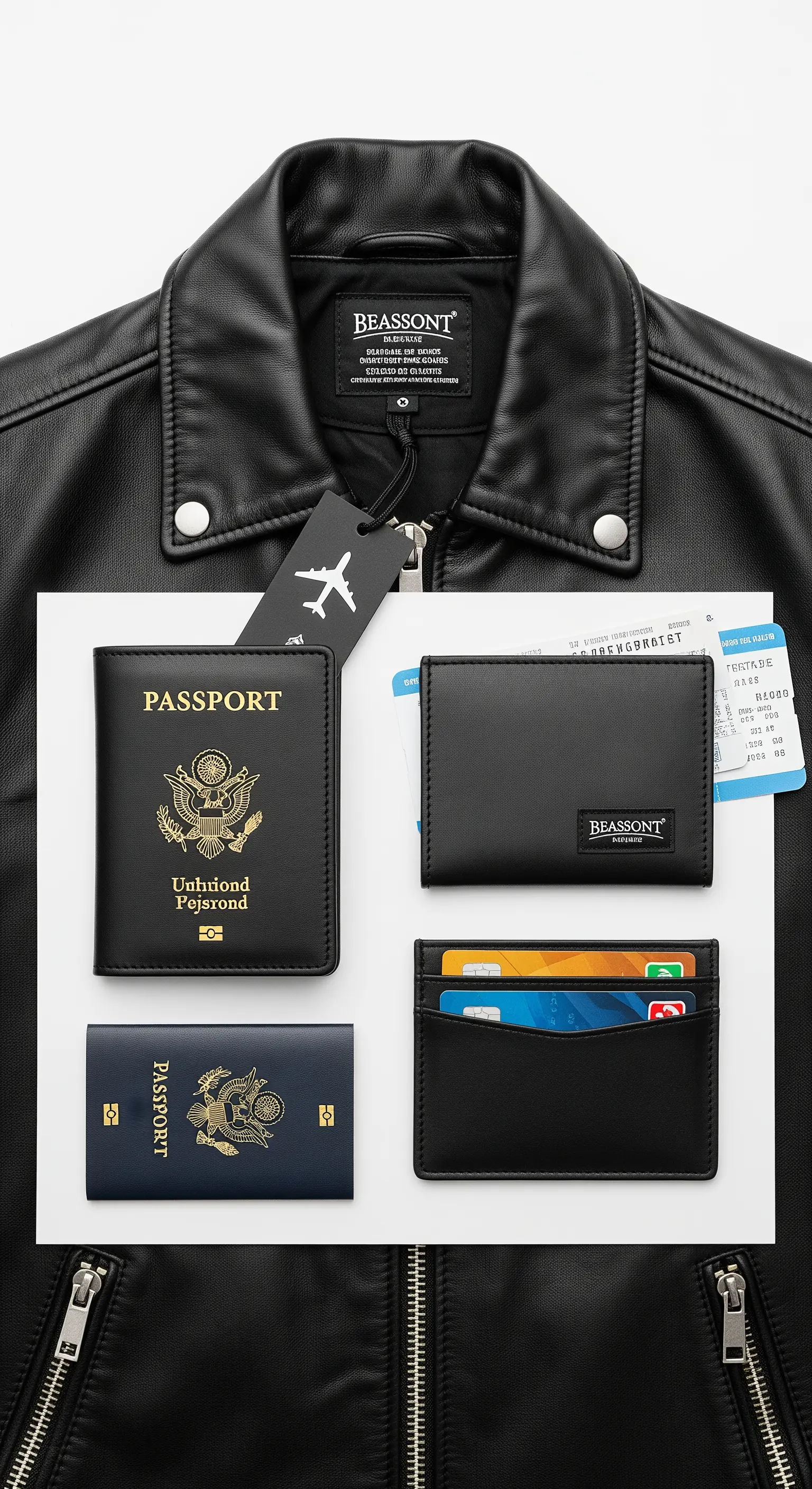 Set da viaggio in pelle nera: portapassaporto e portafoglio, ricavati da una giacca.