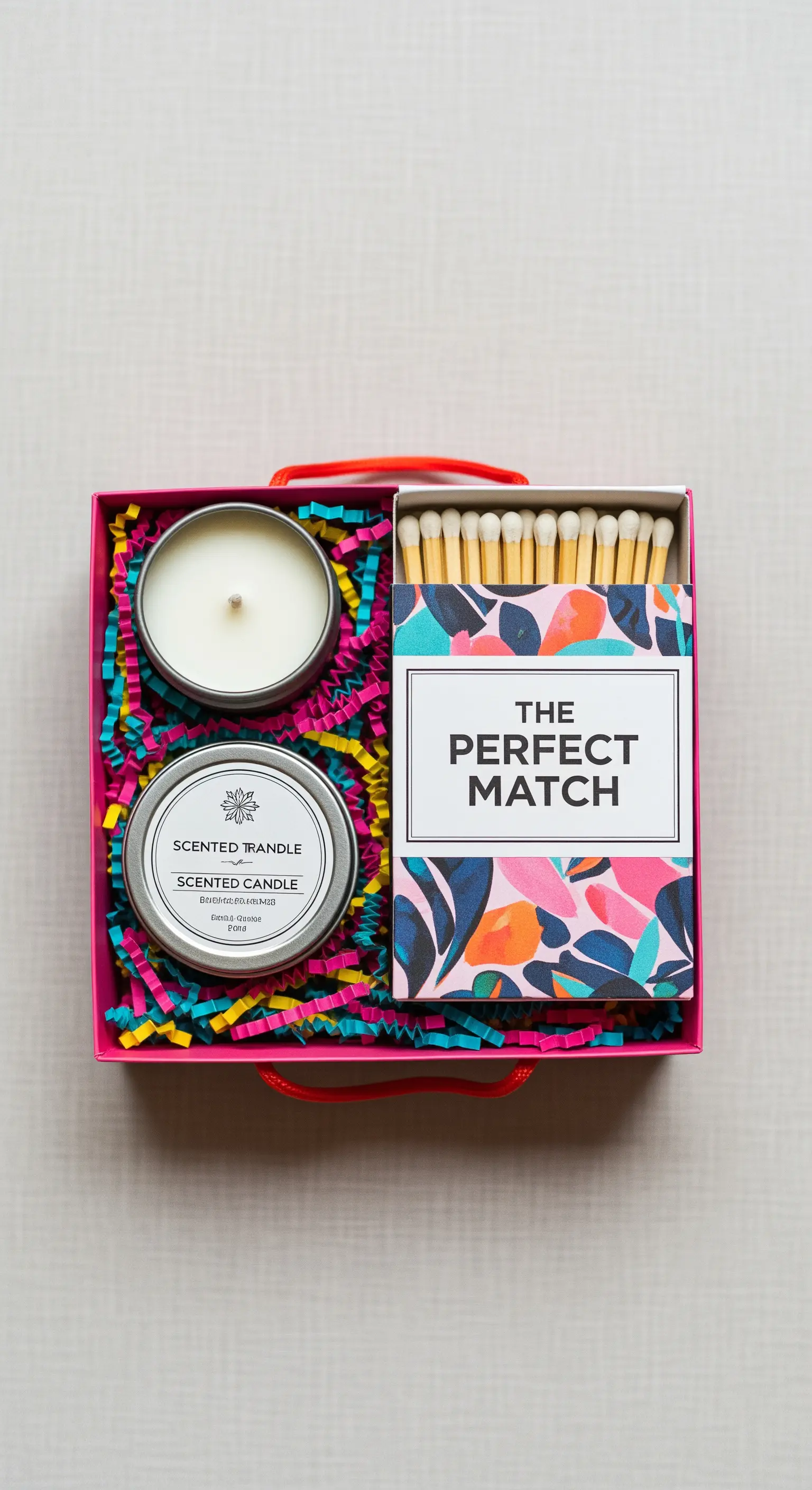 Scatola regalo con candele profumate e fiammiferi con la scritta 