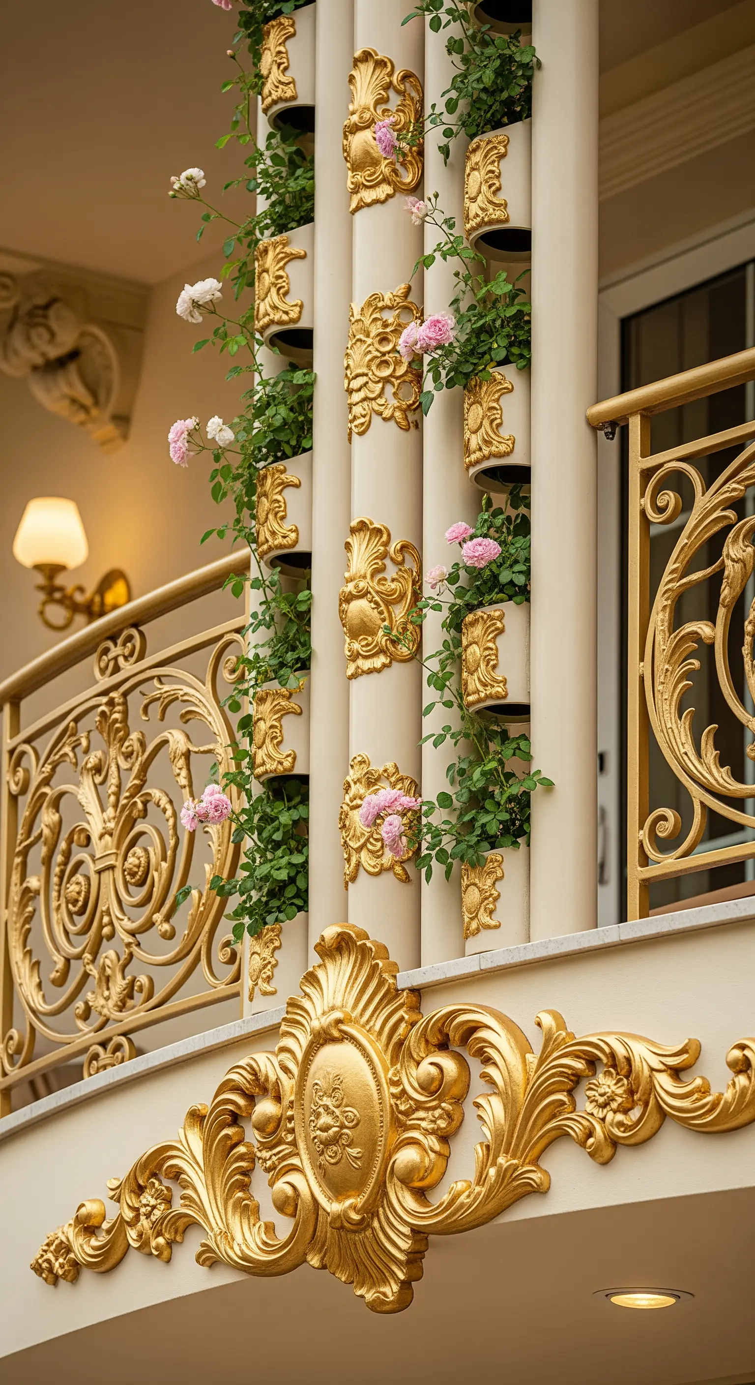 Fioriera verticale color avorio con applicazioni ornamentali dorate in stile rococò e rose rosa.