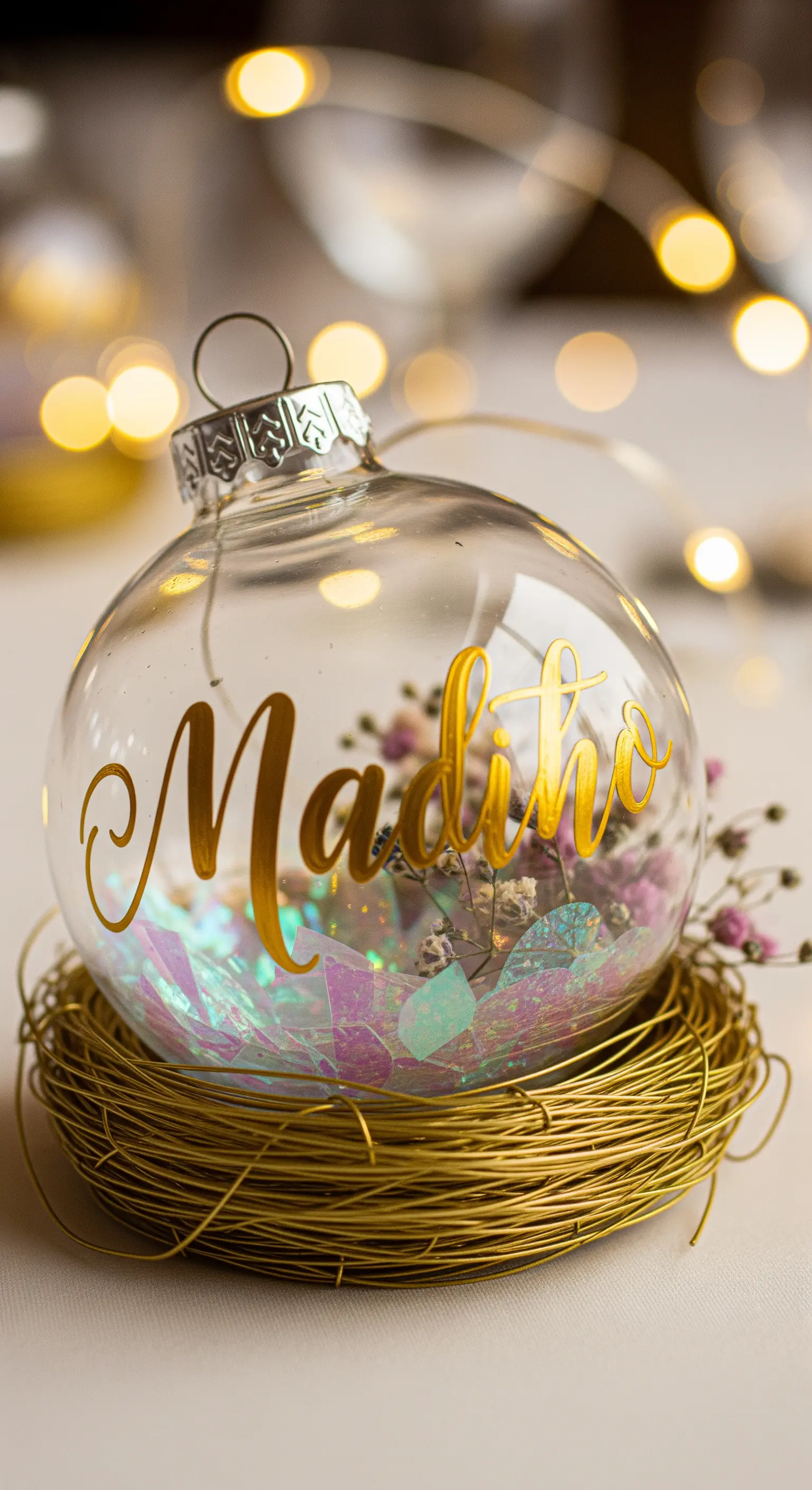 Pallina di Natale trasparente con nome dorato e fiori secchi all'interno, in un nido di filo d'oro.