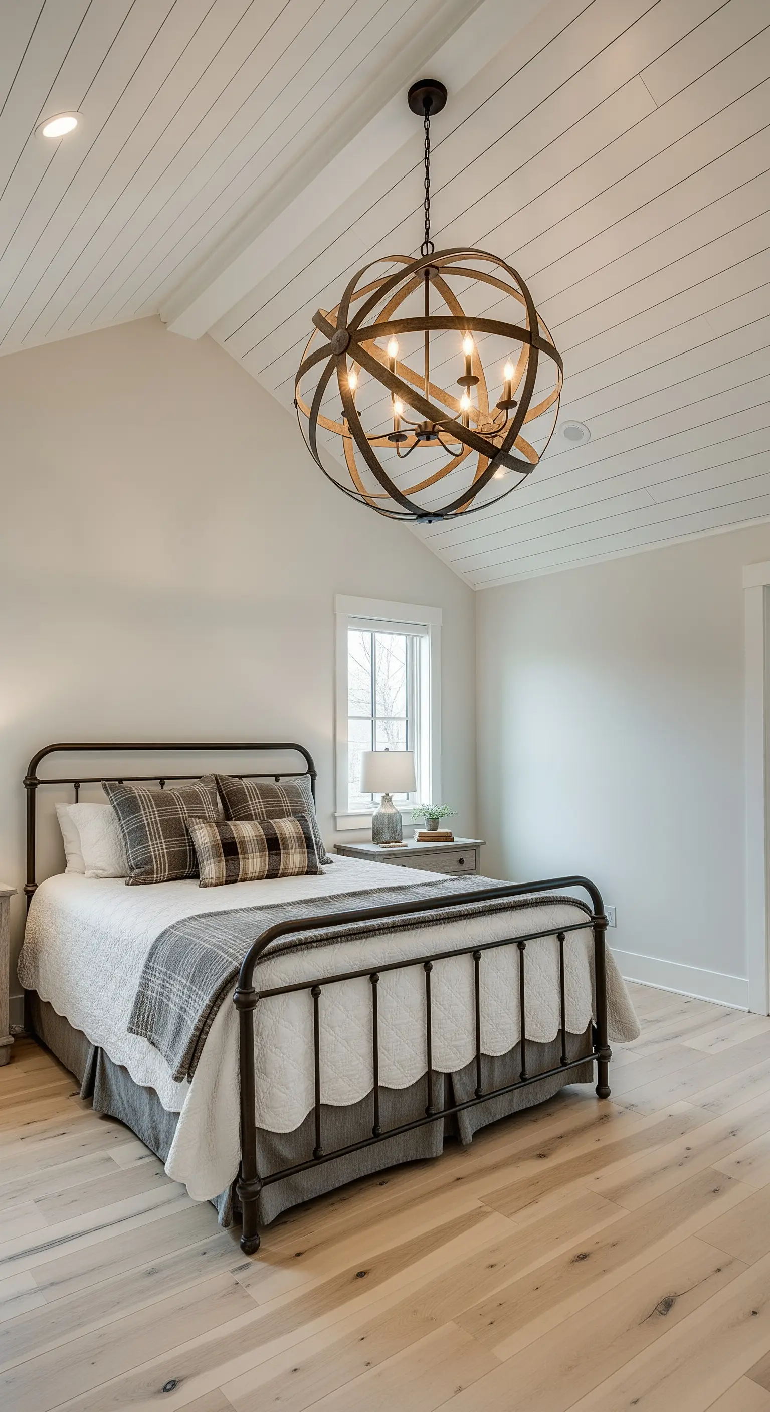 Lampadario a sfera in legno e metallo in una camera da letto Modern Farmhouse.