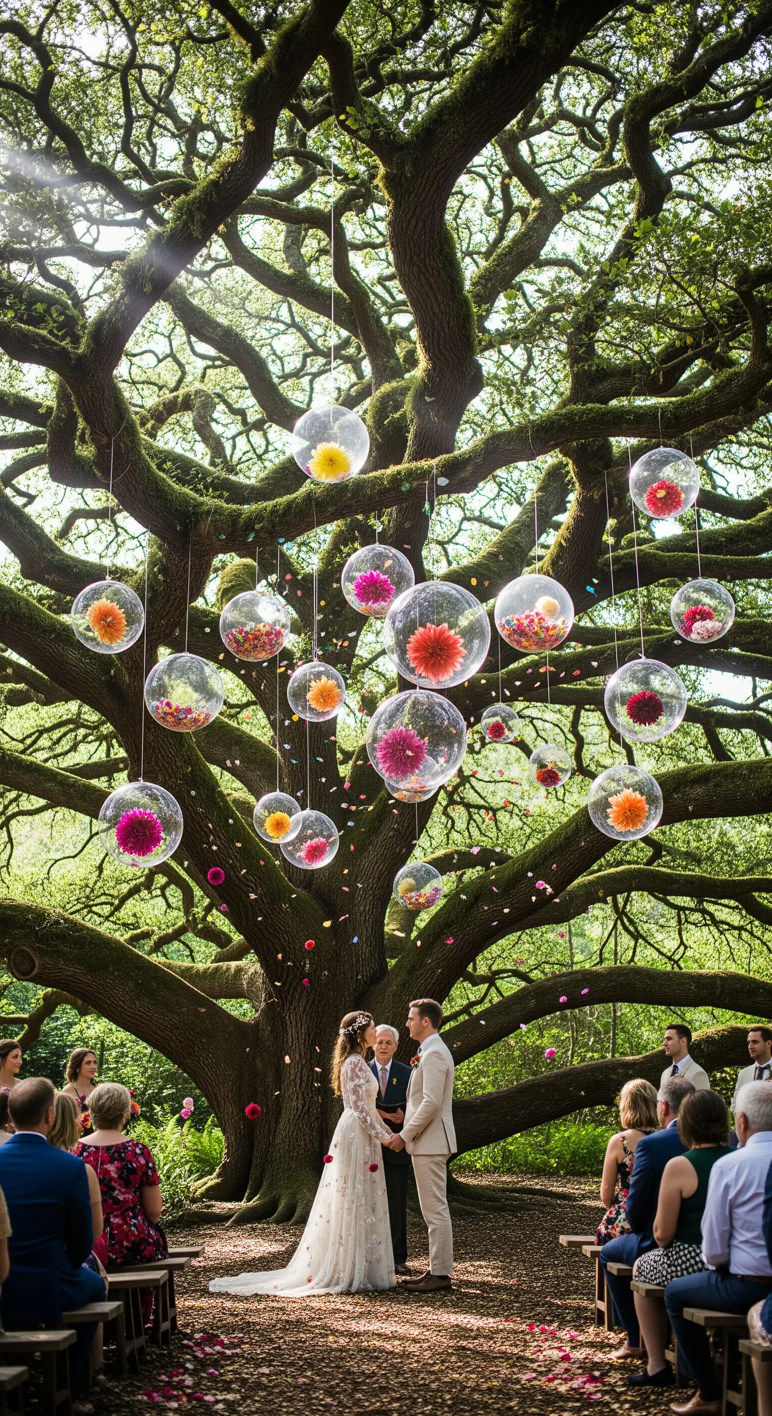Cerimonia nuziale sotto un grande albero con sfere di vetro piene di fiori appese ai rami.