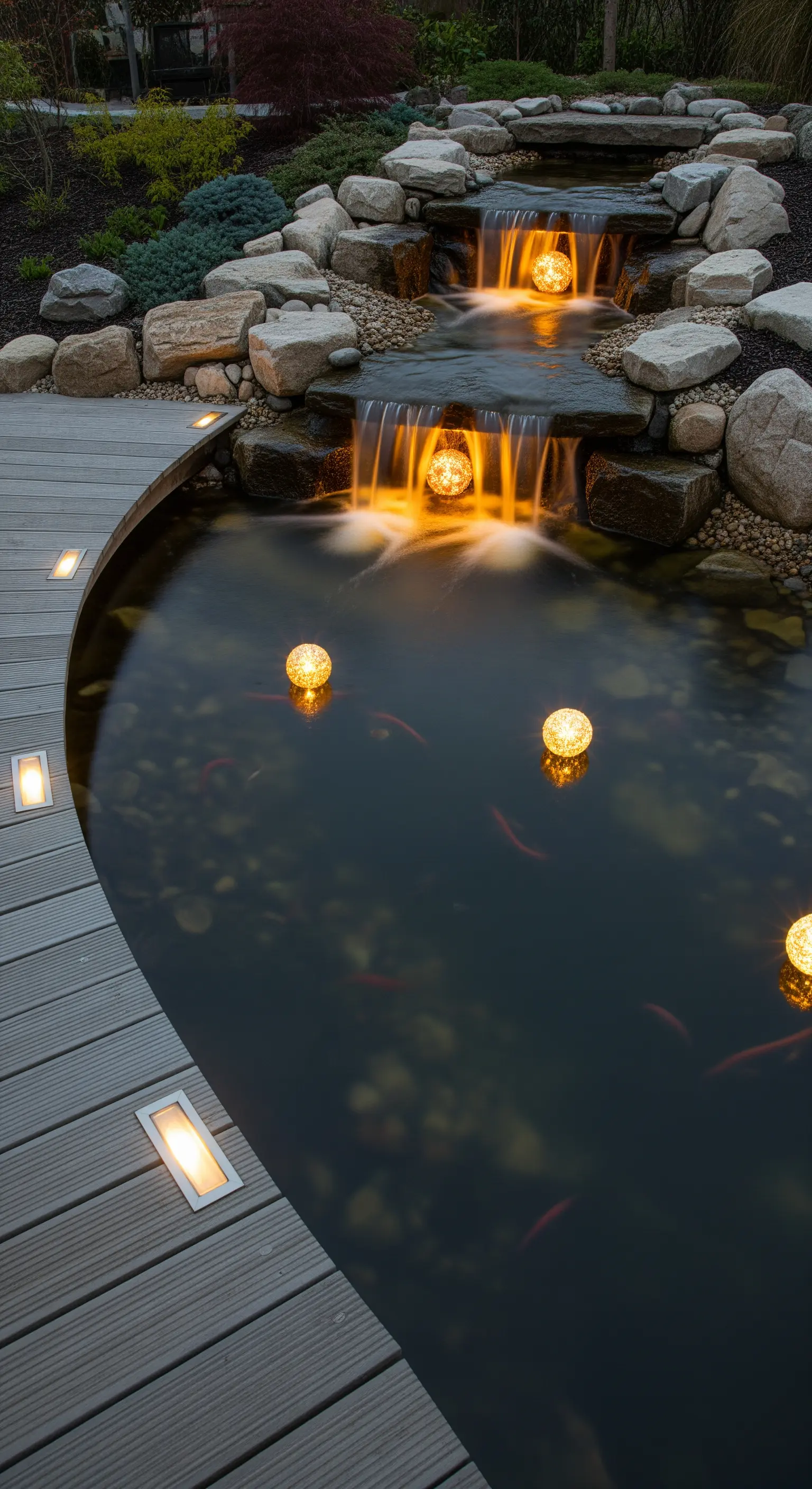 Laghetto con piccola cascata e sfere luminose galleggianti, accanto a una passerella in legno.