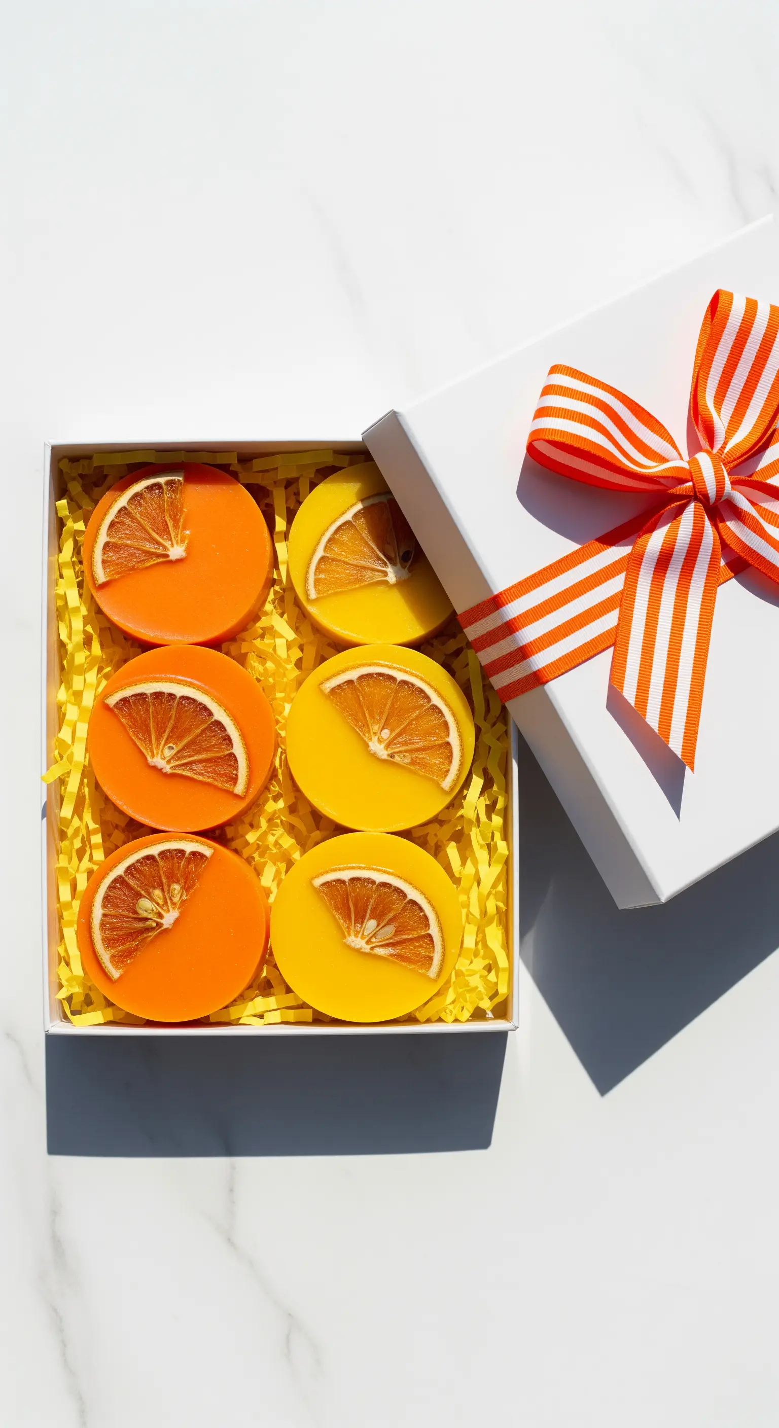 Confezione regalo bianca con saponi rotondi all'arancia e fiocco a righe.
