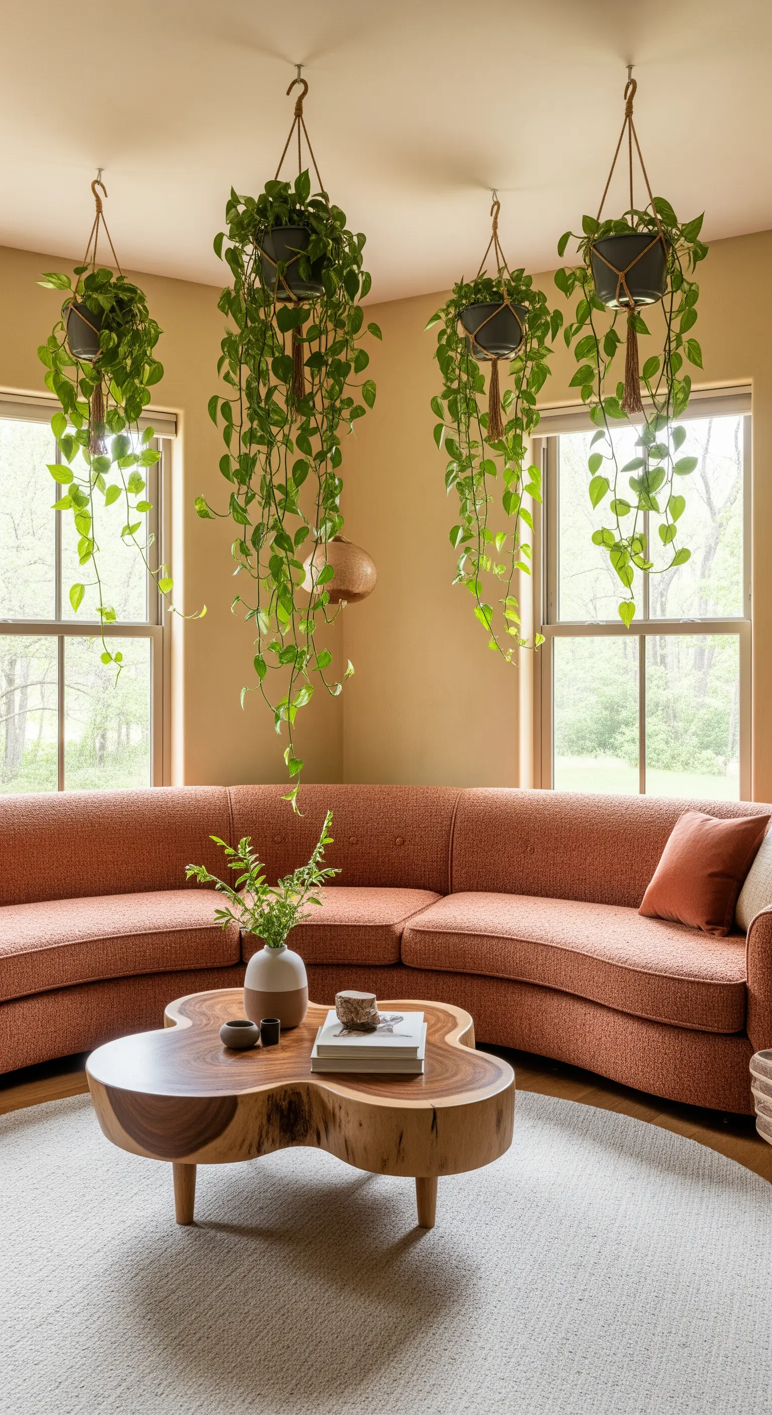 Divano curvo color terracotta in un angolo luminoso con piante pendenti dal soffitto
