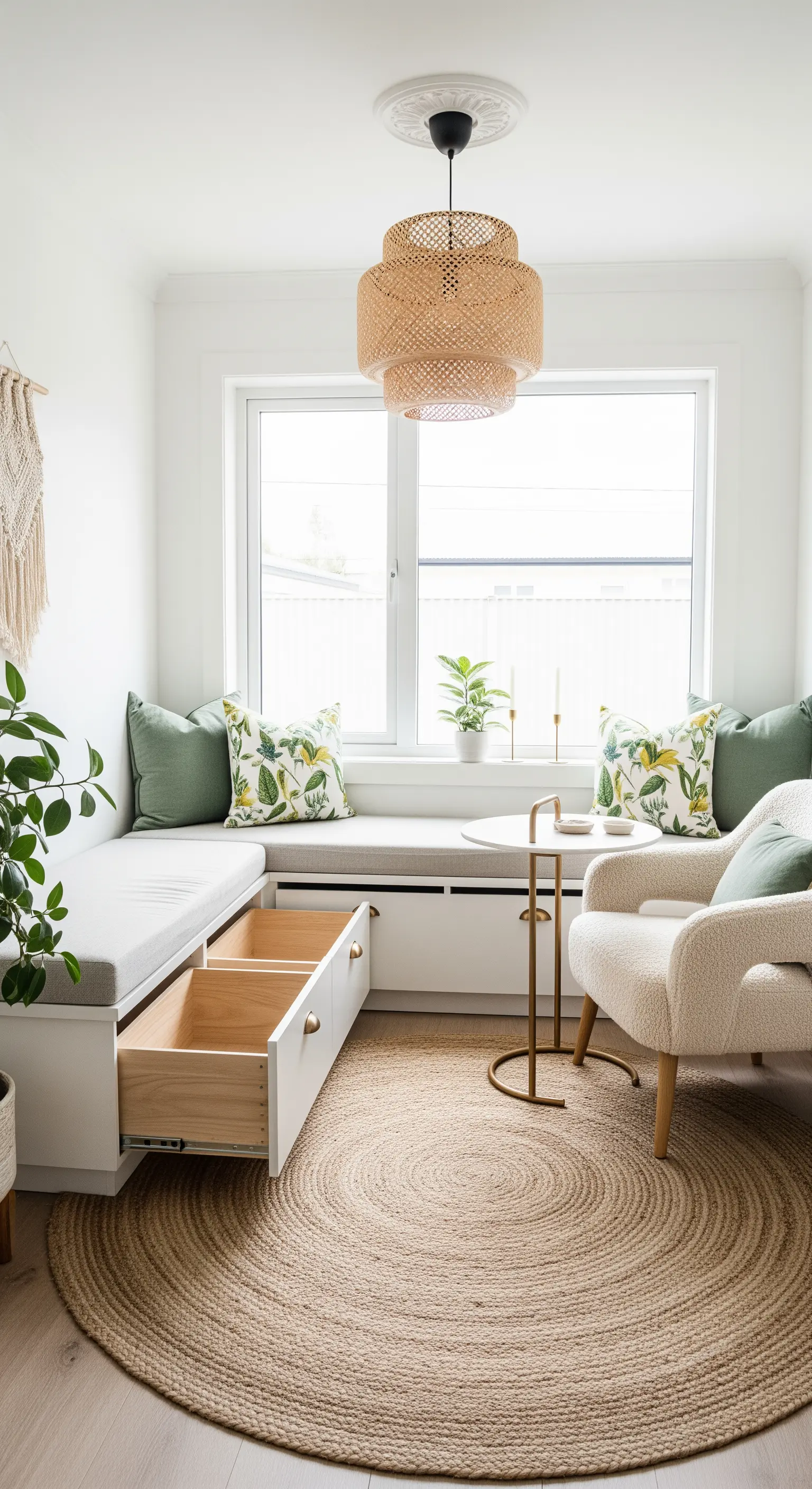 Panca angolare bianca con cassettoni aperti che rivelano lo spazio di stoccaggio interno