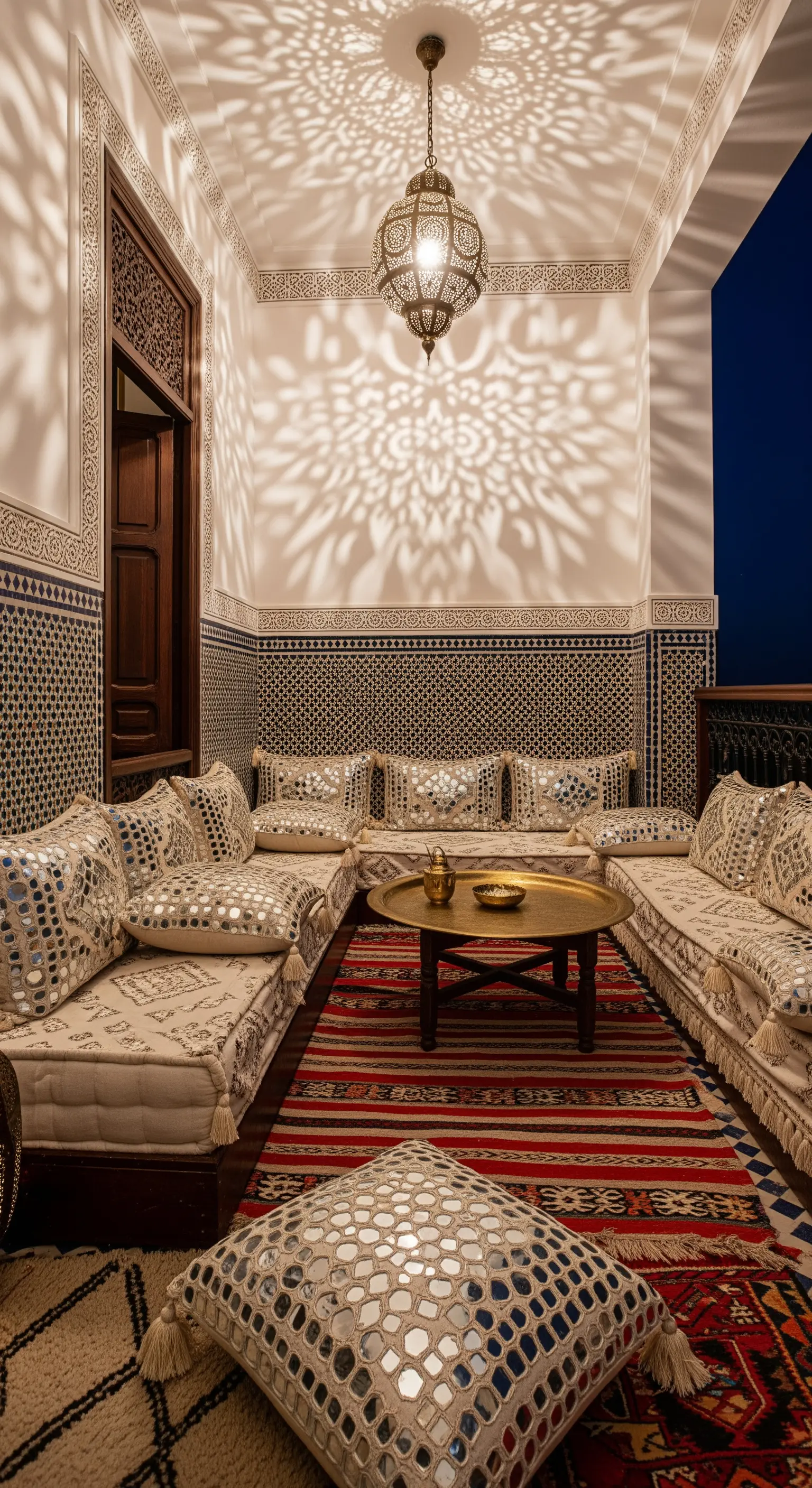 Salotto in stile marocchino con cuscini ricamati a specchio che riflettono la luce di una lanterna.