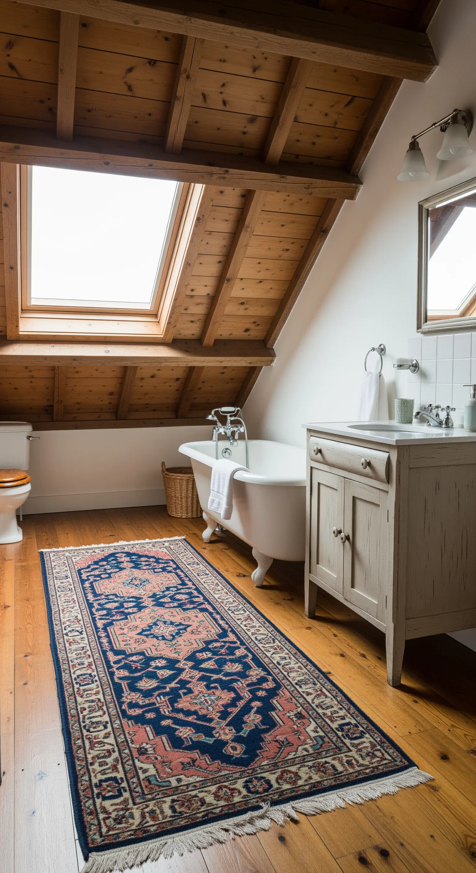 Bagno in mansarda con soffitto e pavimento in legno, e un lungo tappeto persiano.