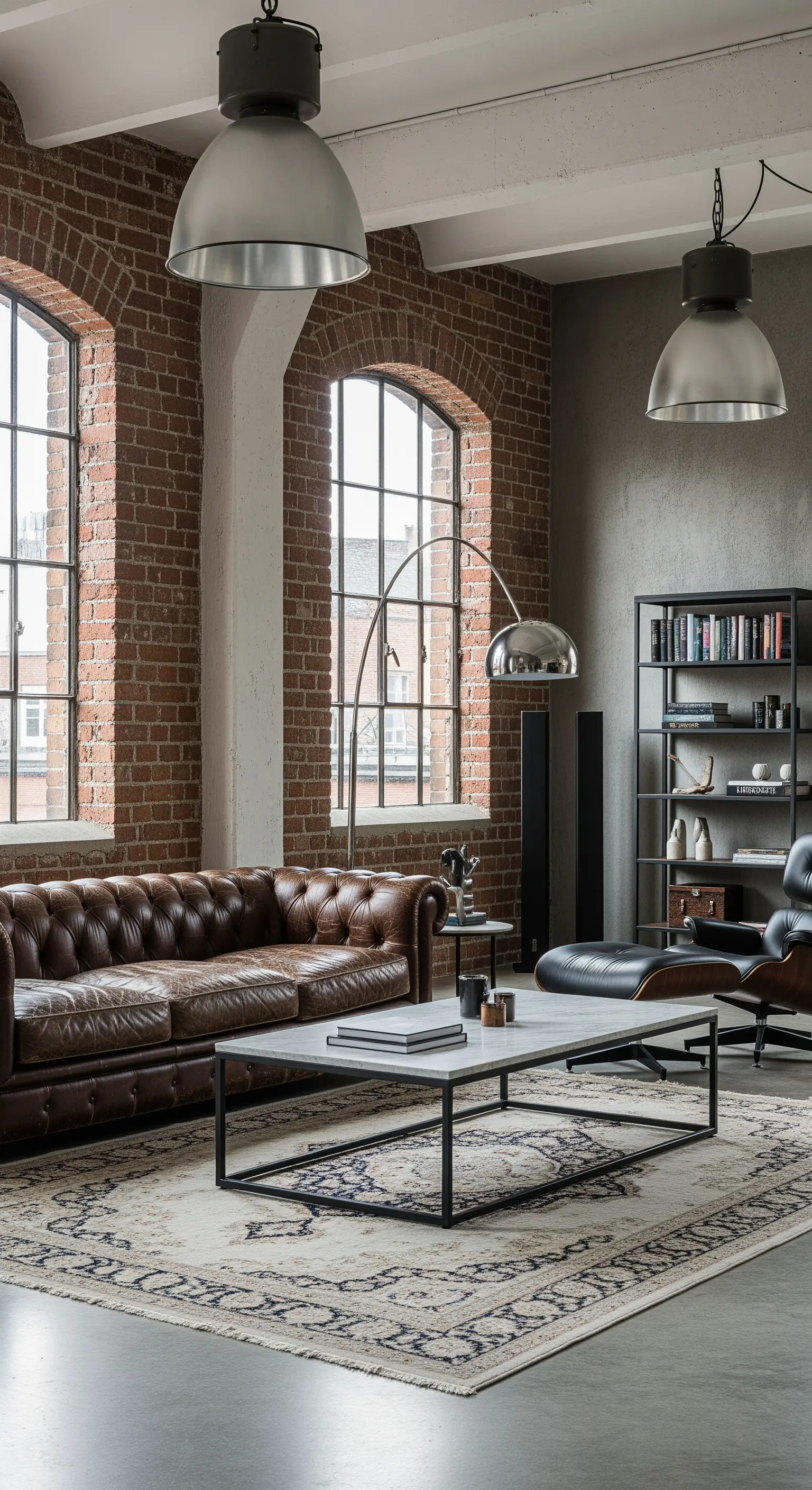 Lounge in stile industriale con divano Chesterfield in pelle e parete di mattoni a vista.