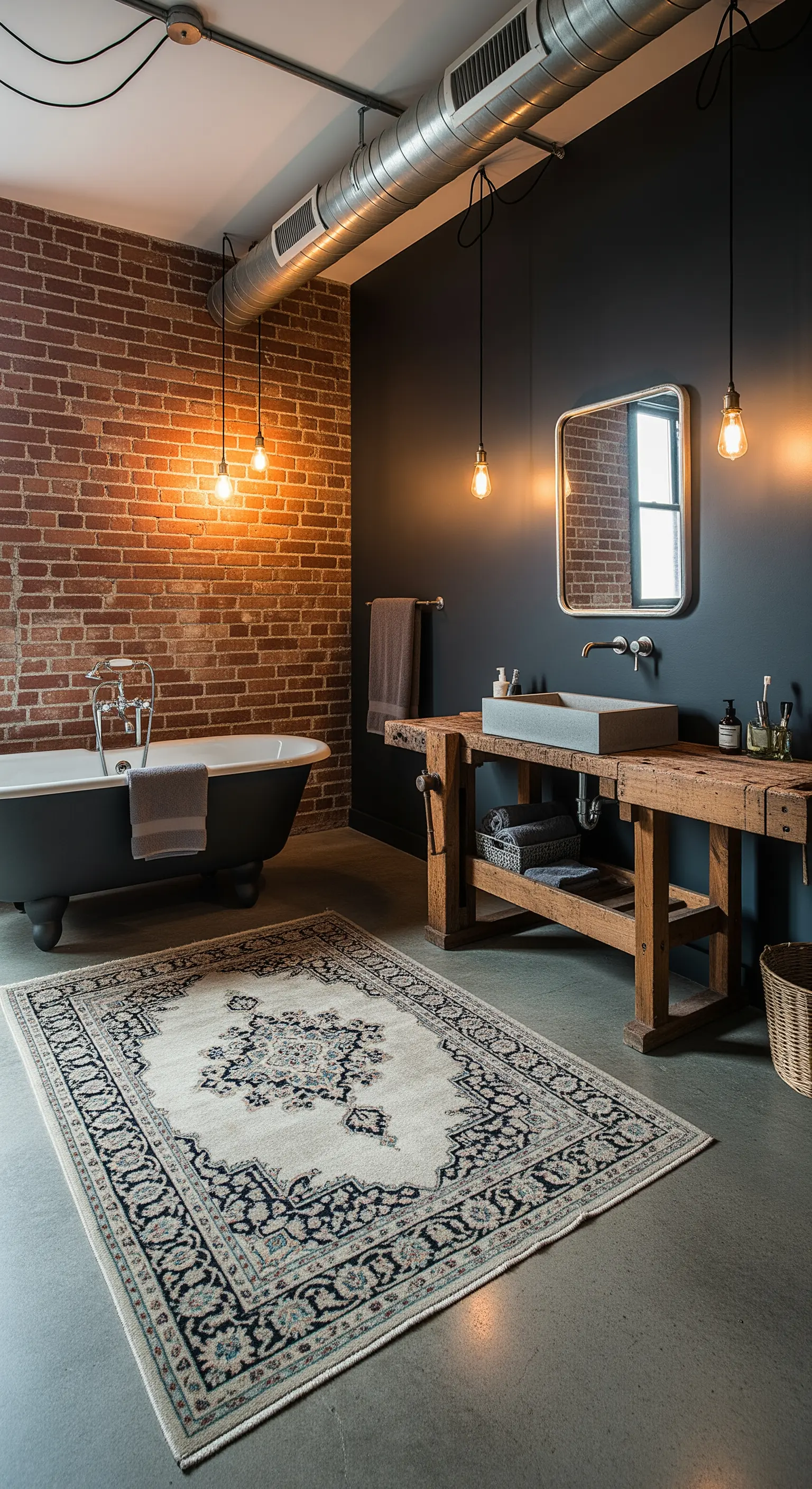 Bagno industrial con mattoni a vista, parete nera e tappeto persiano chiaro.