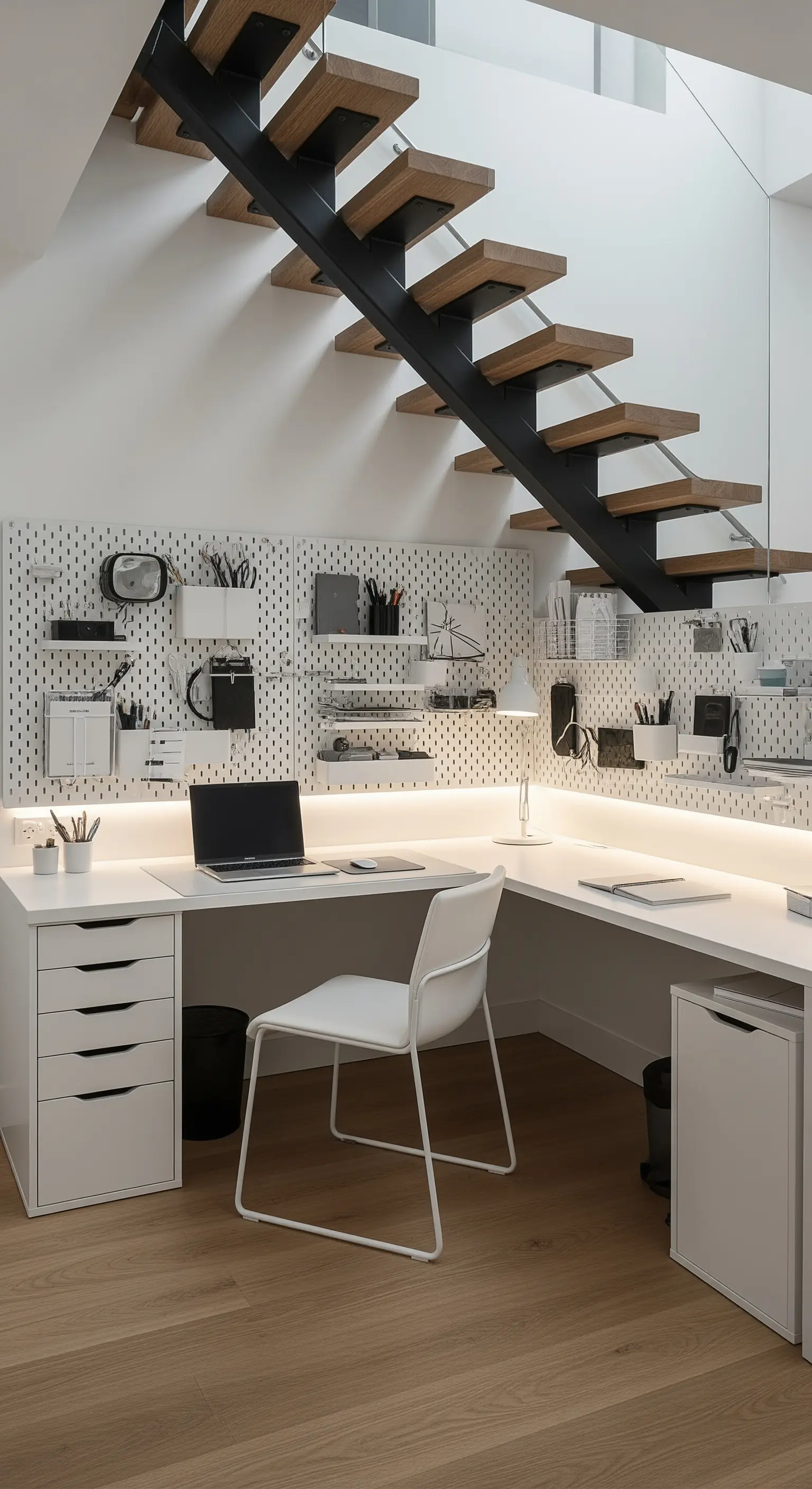 Home office organizzato sotto una scala, con scrivania a L e parete attrezzata con pegboard.