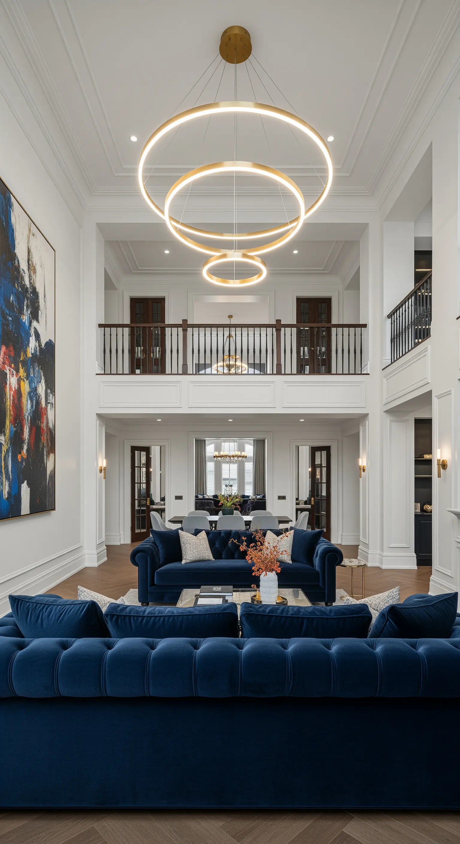 Salone a doppia altezza con divani Chesterfield blu e un grande lampadario dorato a cerchi.