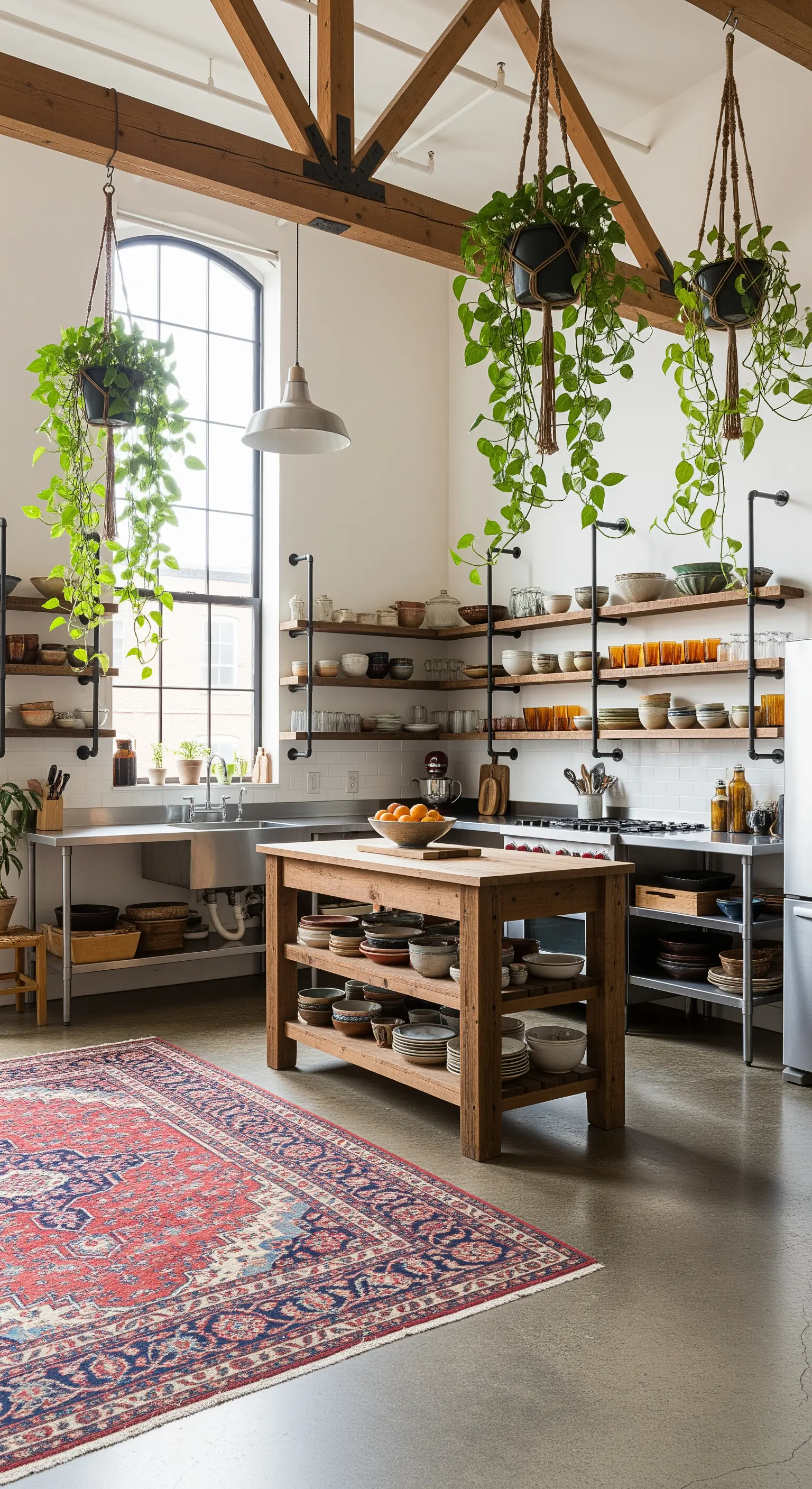 Cucina in stile loft con travi in legno, piante sospese e un grande tappeto persiano rosso.