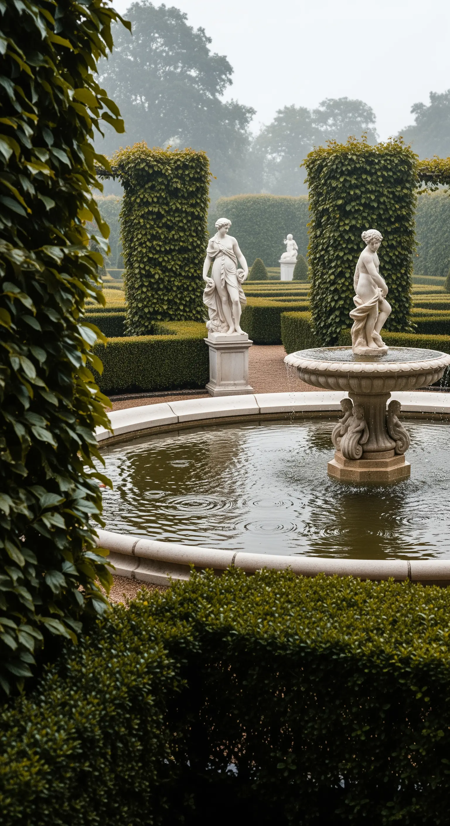 Giardino formale avvolto nella nebbia, con statue classiche e una fontana al centro