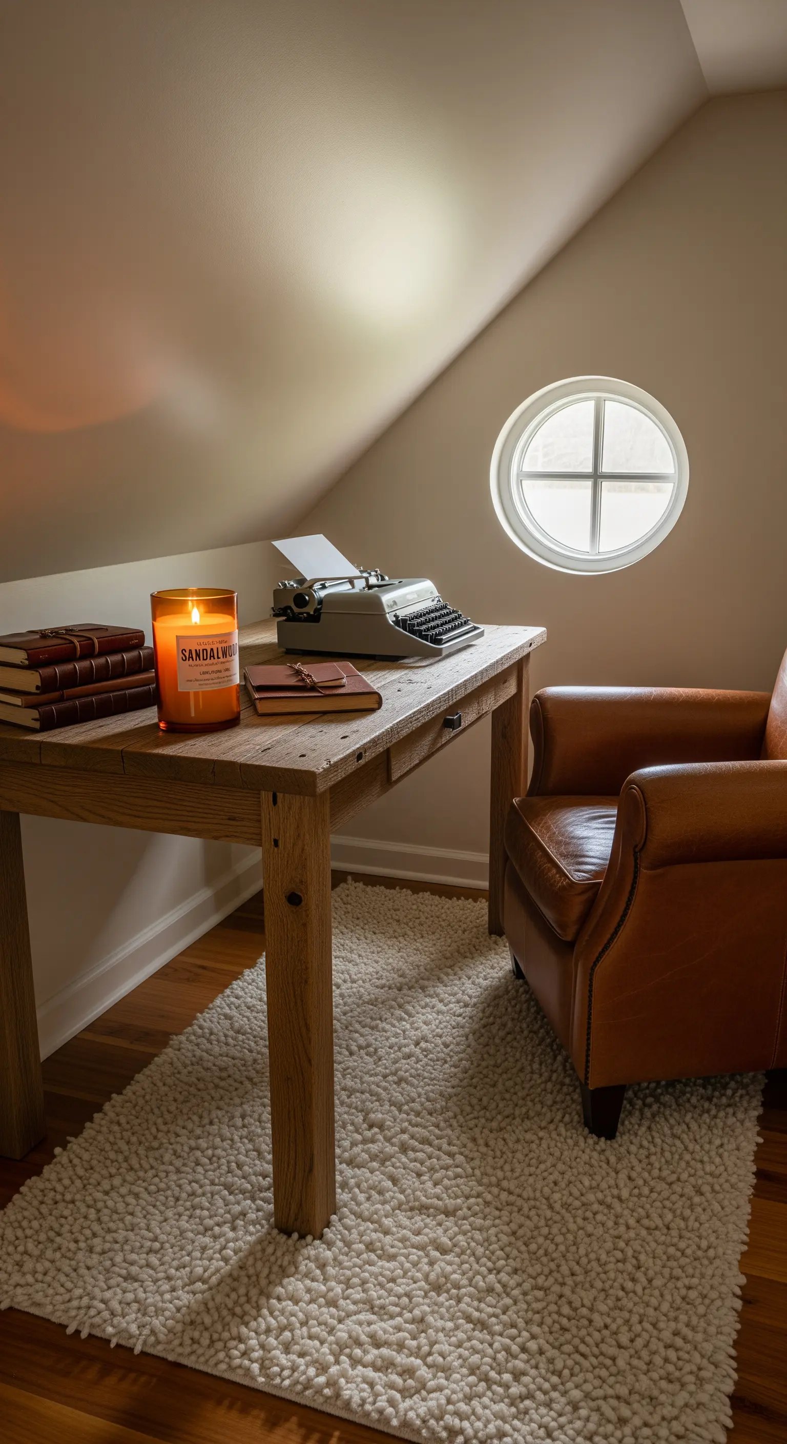 Angolo studio in mansarda con scrivania in legno rustico, tappeto a pelo lungo e poltrona in pelle.