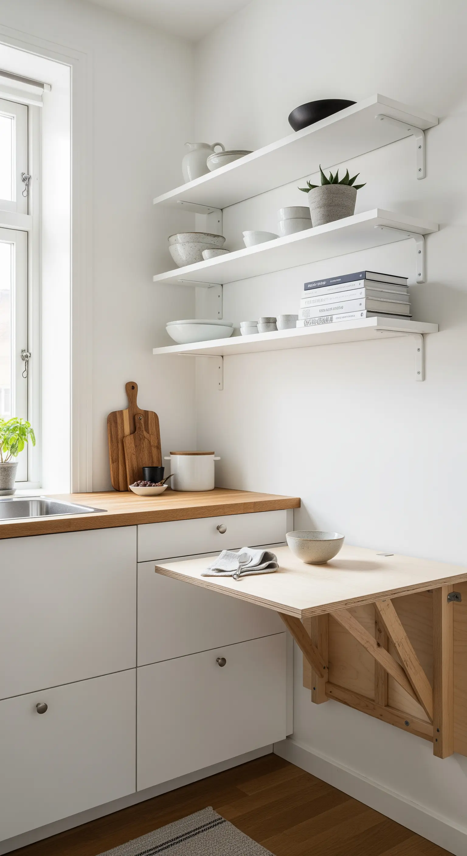 Cucina bianca con top in legno, mensole aperte e tavolo a ribalta in legno chiaro.