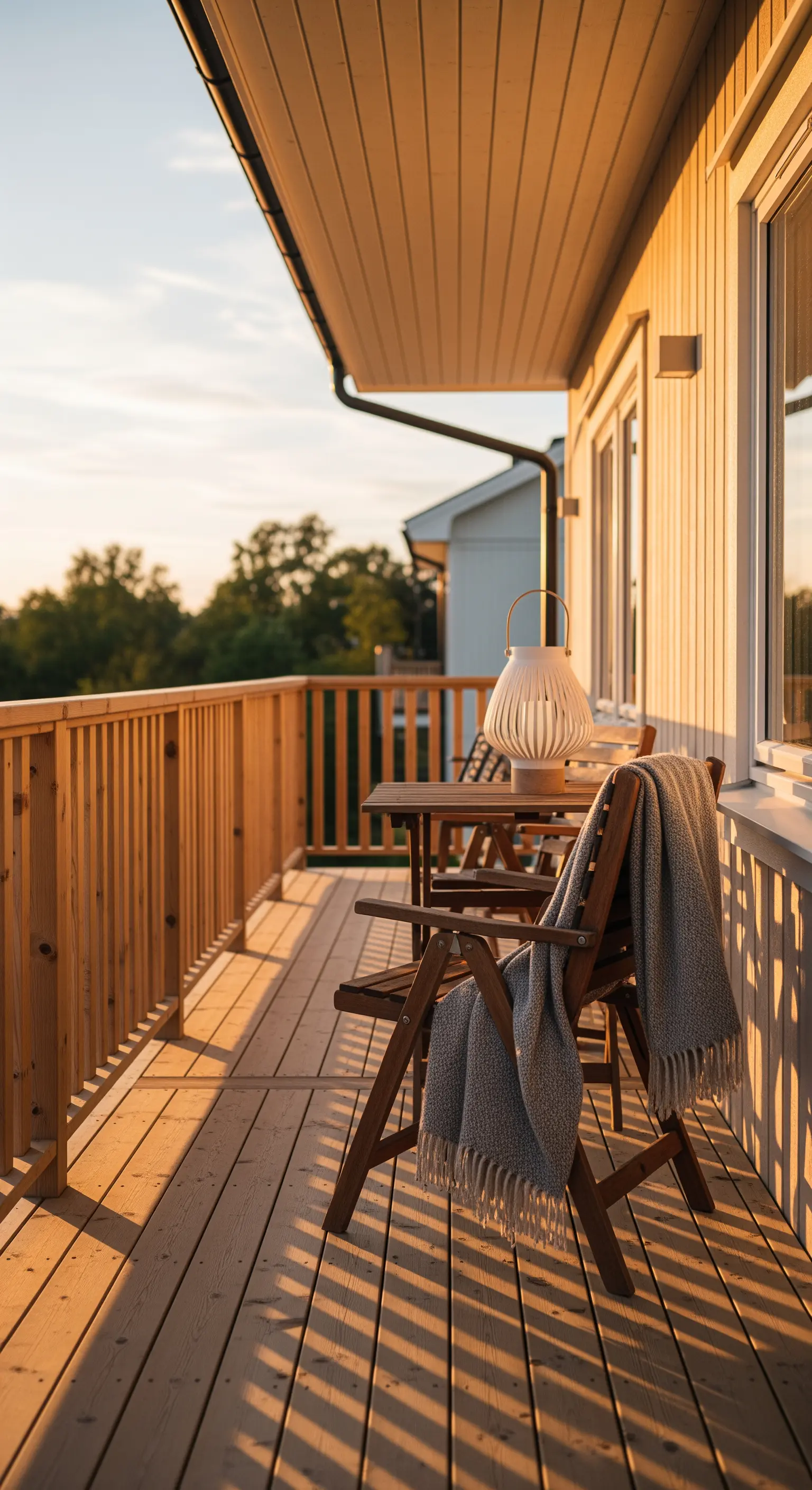 Balcone in legno illuminato dalla luce dorata del tramonto, con sedie e un plaid grigio