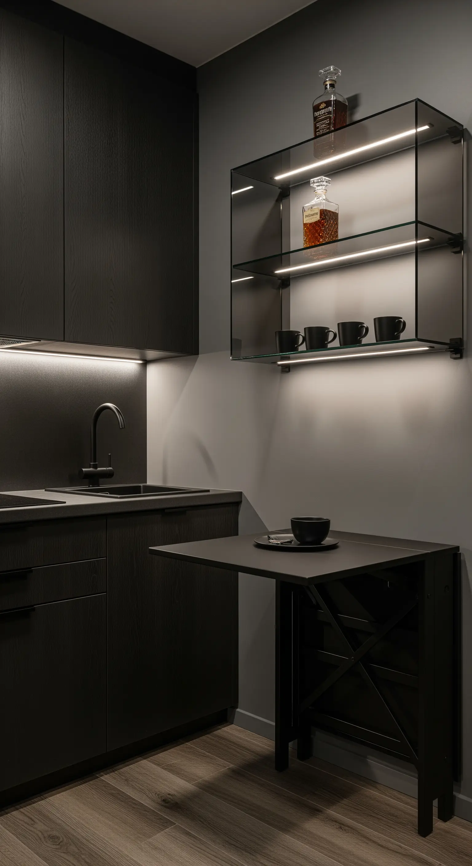 Cucina total black con mensole in vetro illuminate da LED e tavolo a ribalta nero.