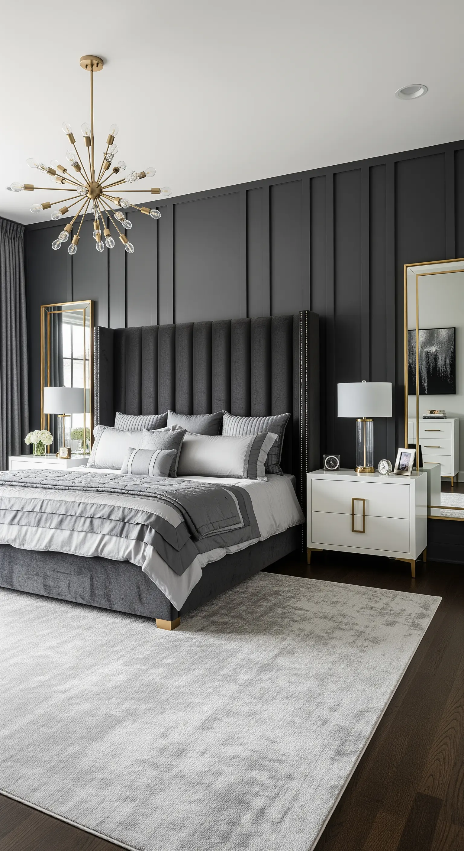 Camera da letto sontuosa con parete a pannelli grigio scuro e un lampadario dorato a raggiera.