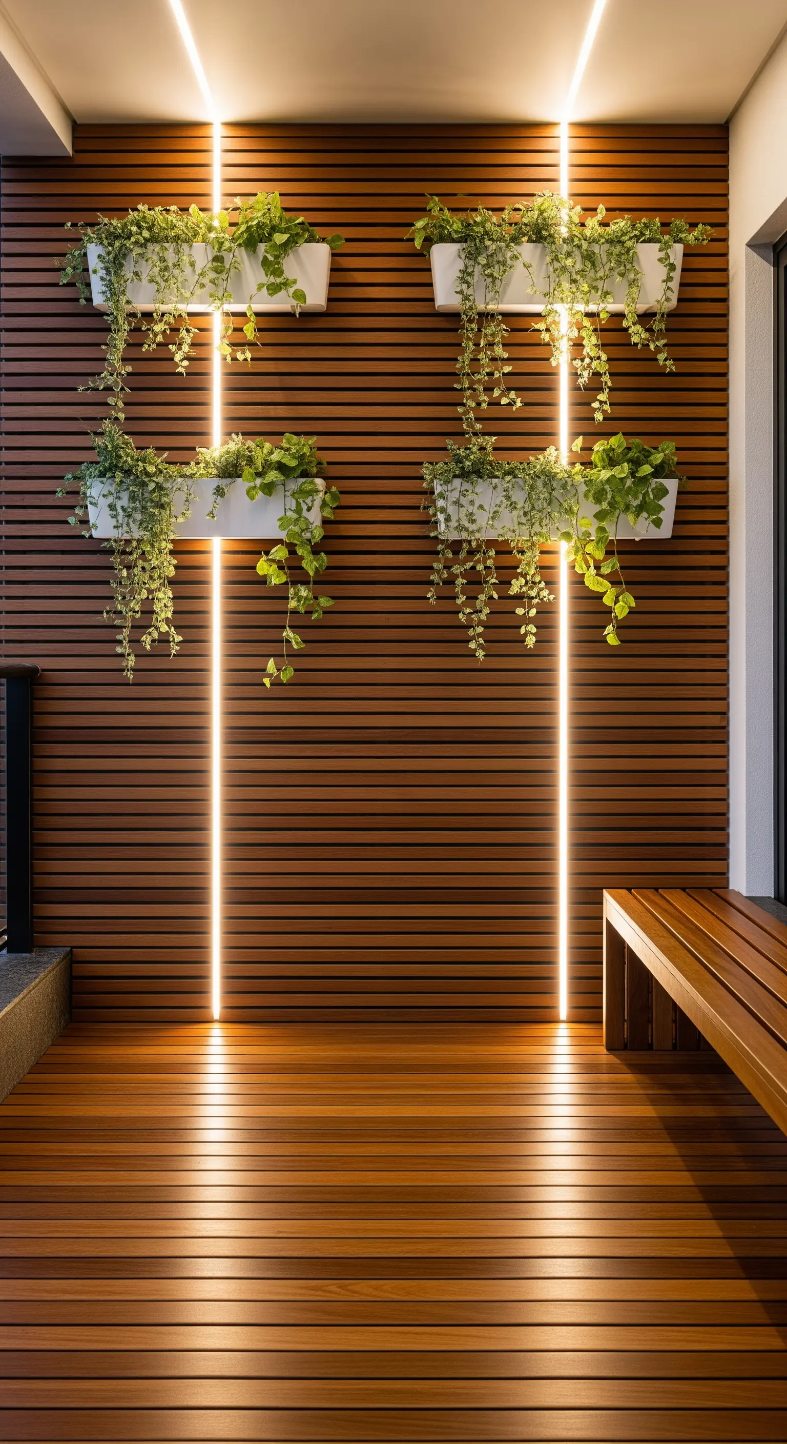 Parete di un balcone rivestita in legno con fioriere sospese e barre LED verticali