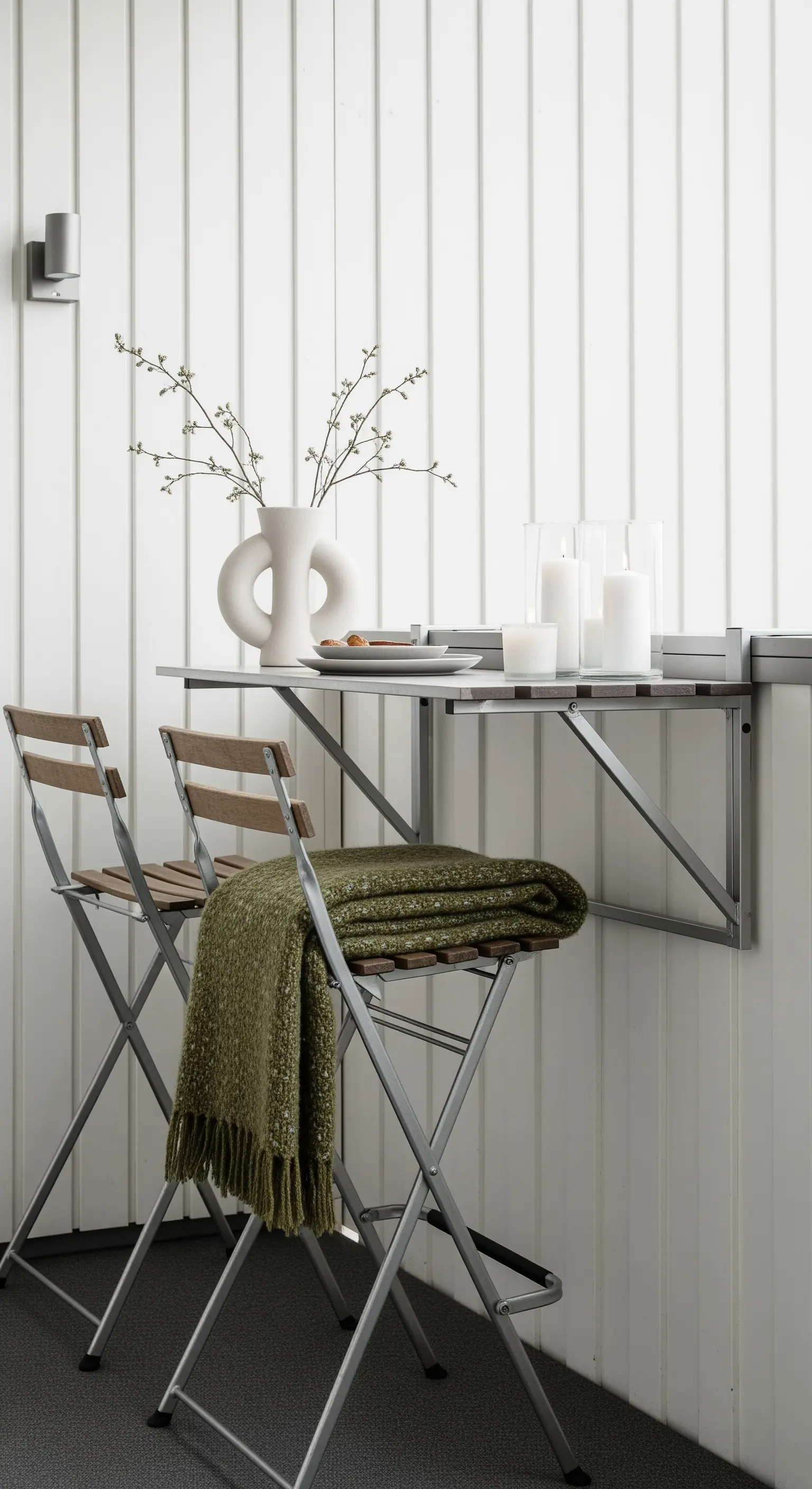 Tavolo-bar a muro pieghevole con sedie alte e coperta verde oliva.