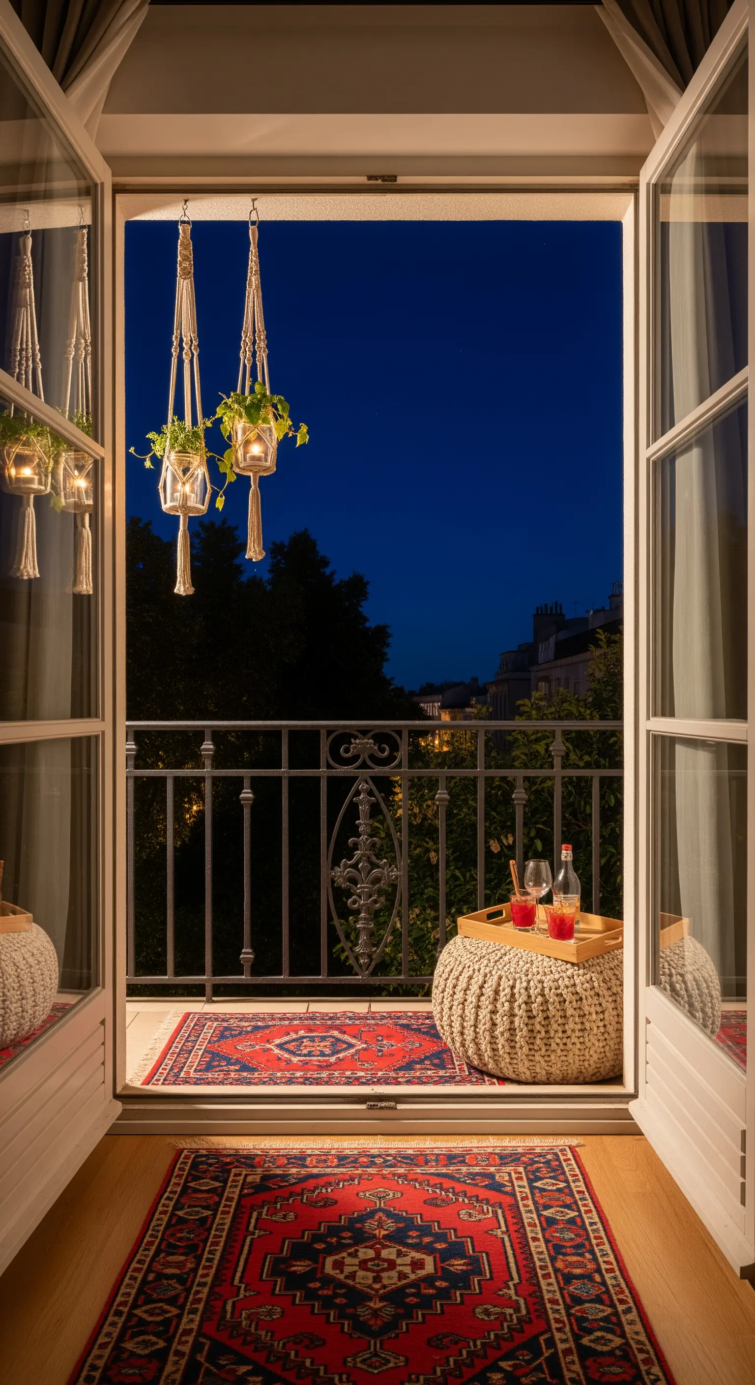 Vista da una portafinestra su un balconcino con tappeto persiano, pouf e piante sospese.