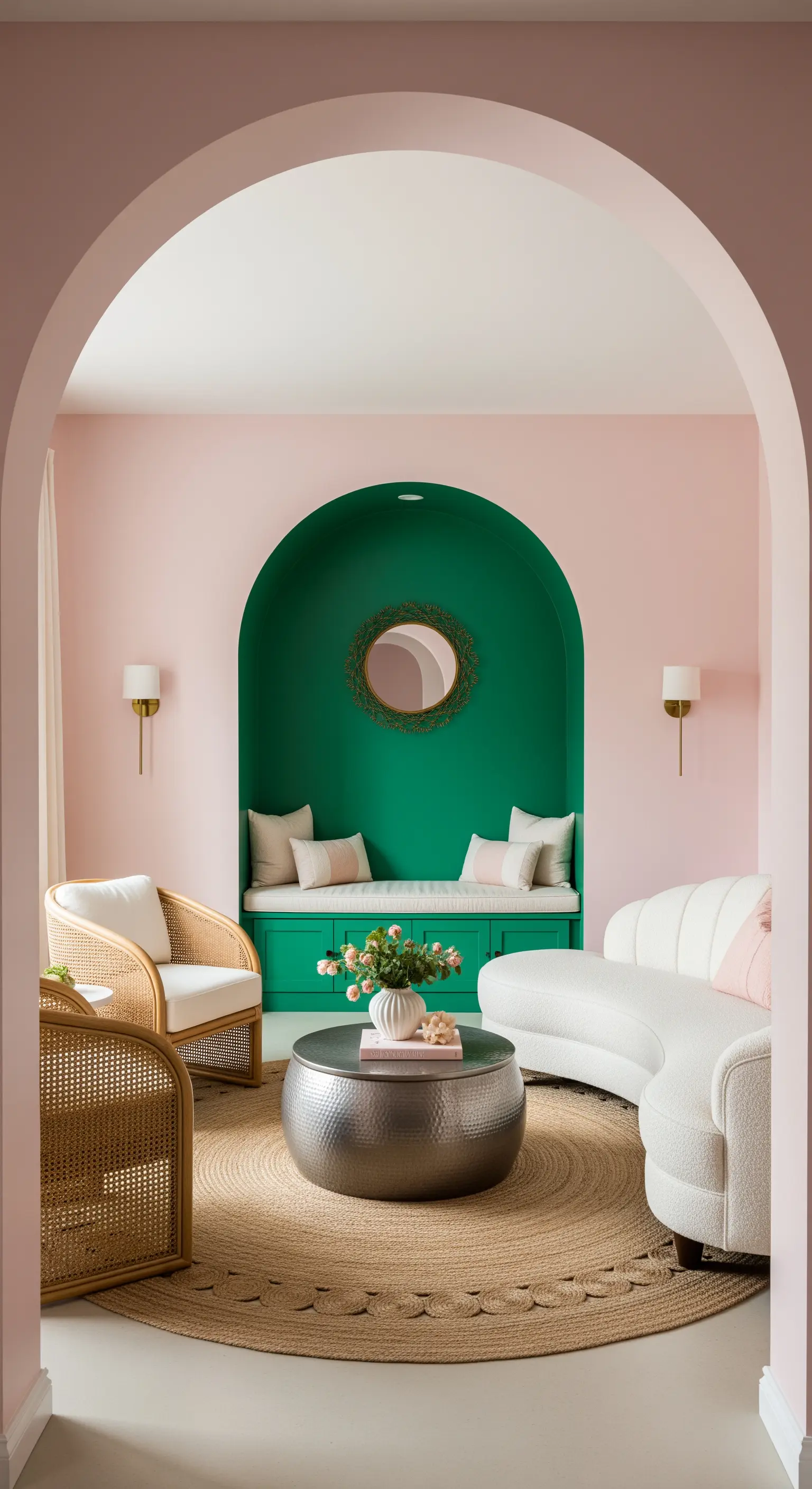 Nicchia ad arco dipinta di verde smeraldo con panca integrata, in un salotto rosa.
