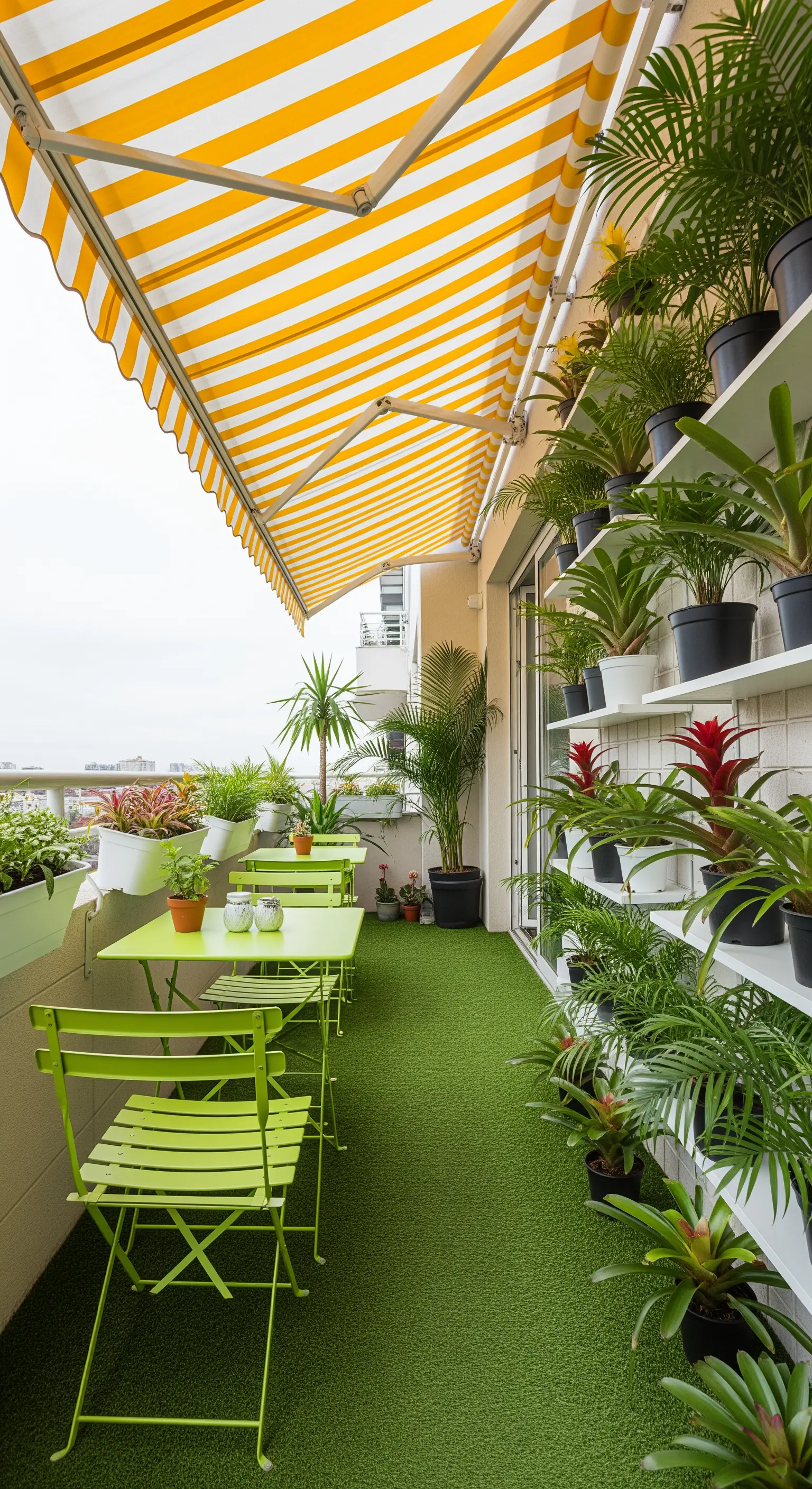 Balcone stretto con parete attrezzata a giardino verticale, tenda a righe e tavolini verdi.