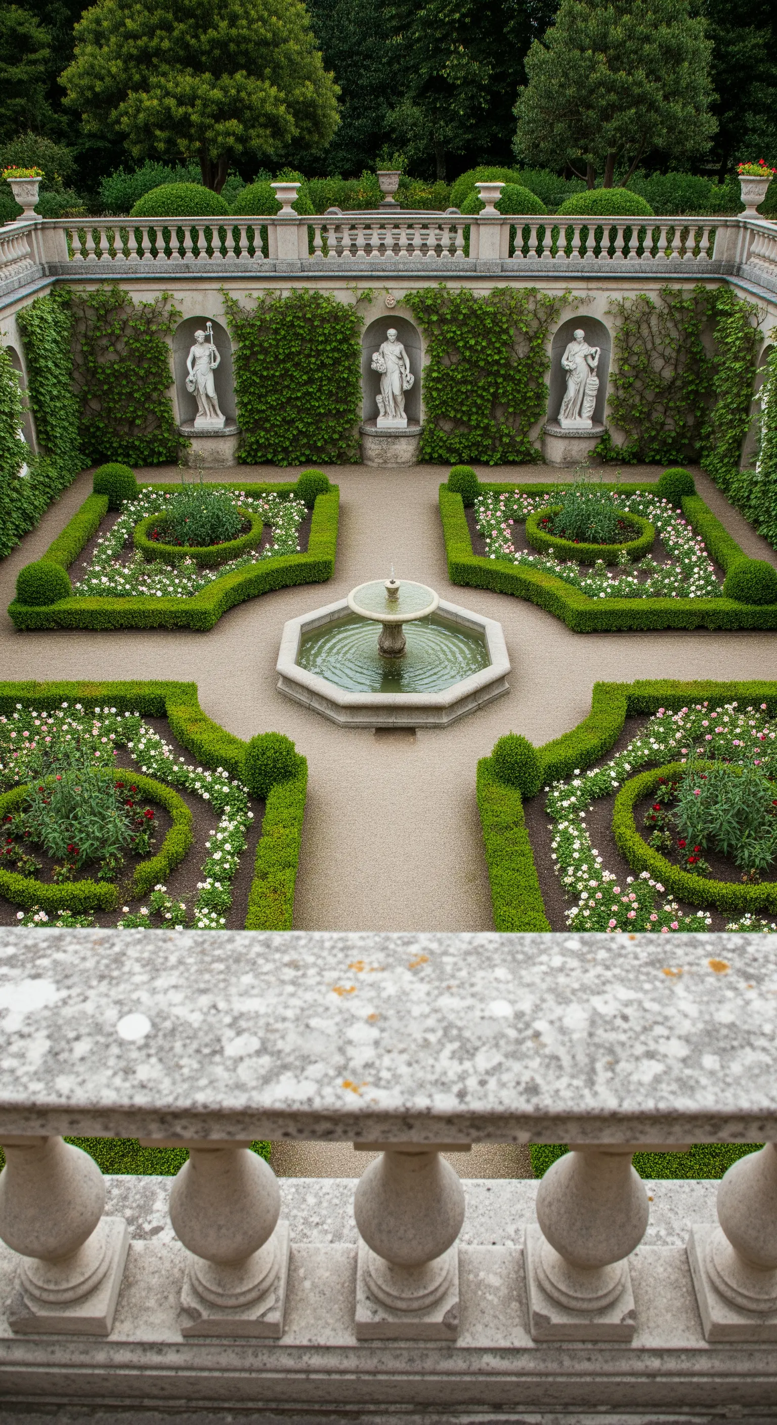 Giardino formale visto da un balcone, con statue collocate in nicchie su una parete ricoperta di edera