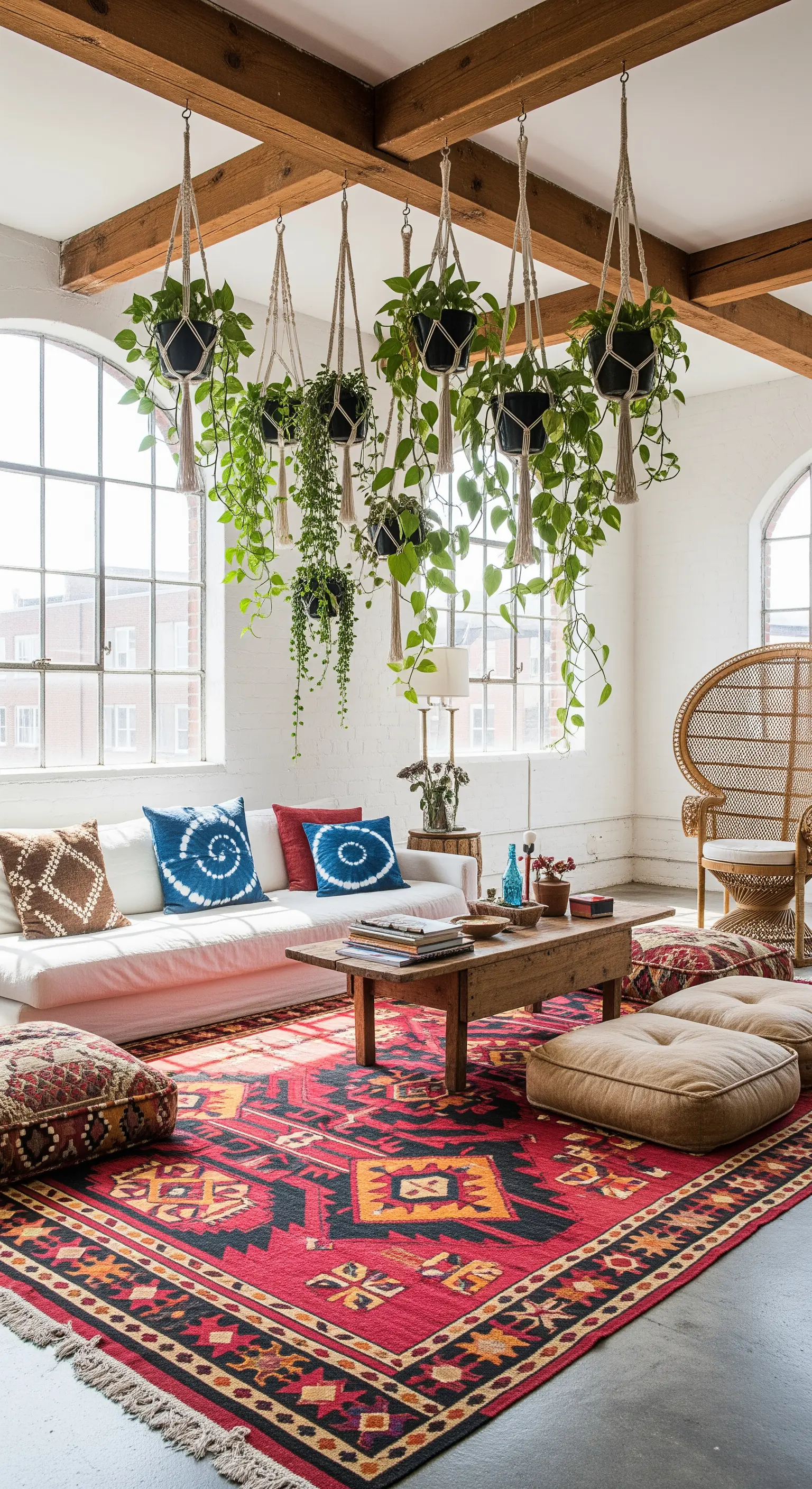 Salotto boho con travi in legno e una fitta composizione di piante sospese in macramè.