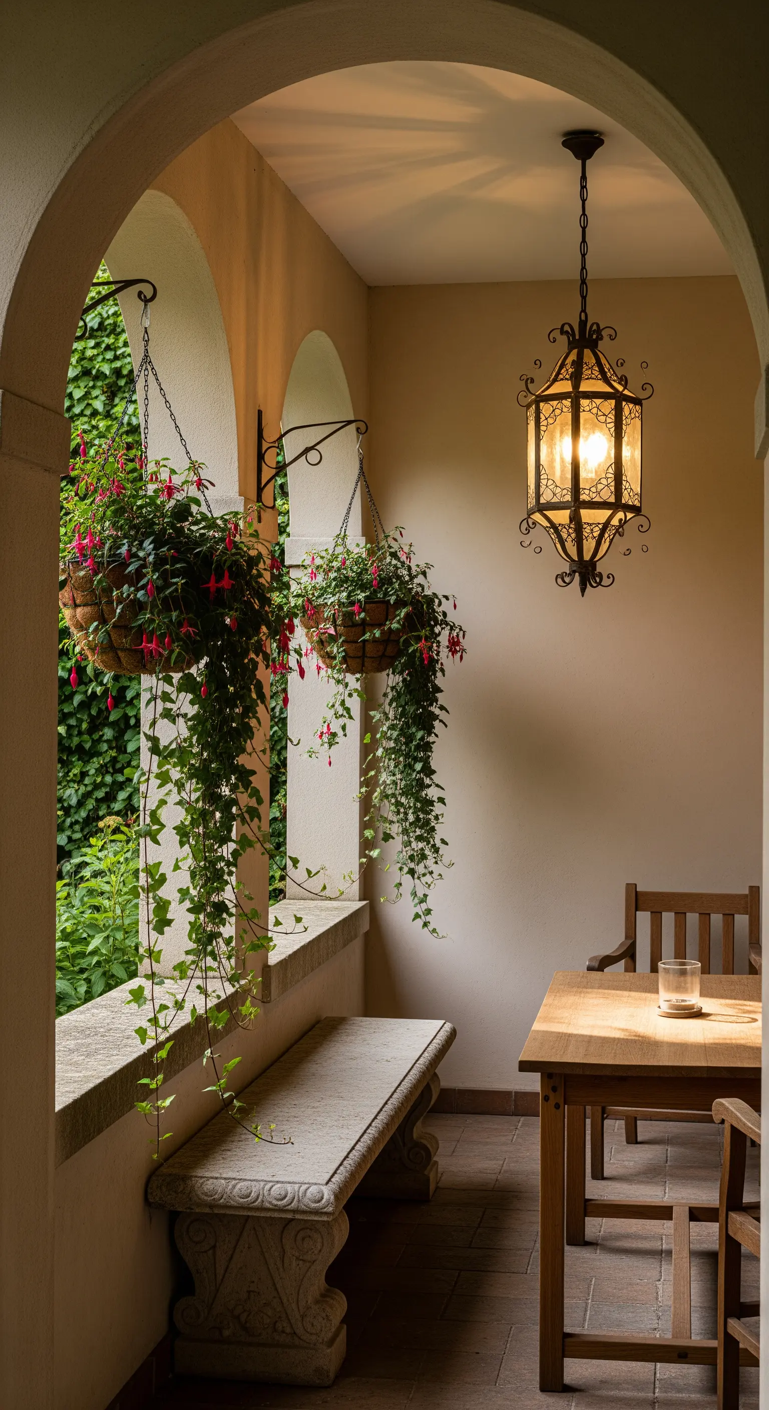 Panca in pietra in un portico ad arco con cesti di fiori fucsia appesi e una lanterna in ferro