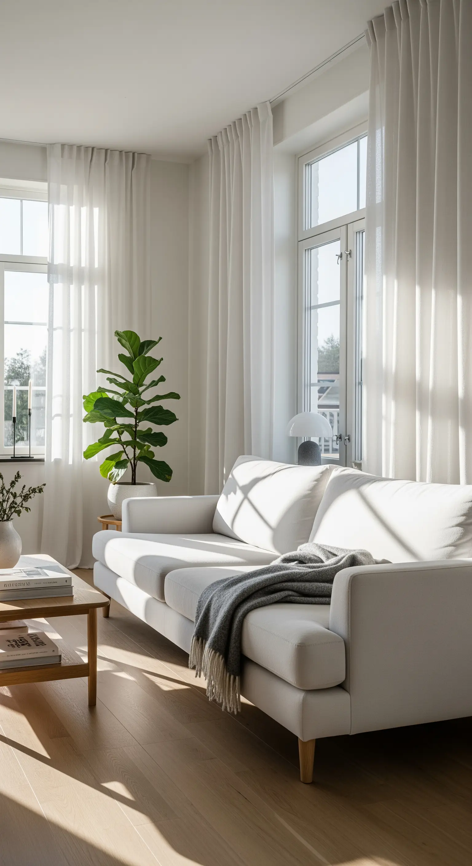 Soggiorno luminoso con divano bianco, tende a tutta altezza e pavimento in legno chiaro.