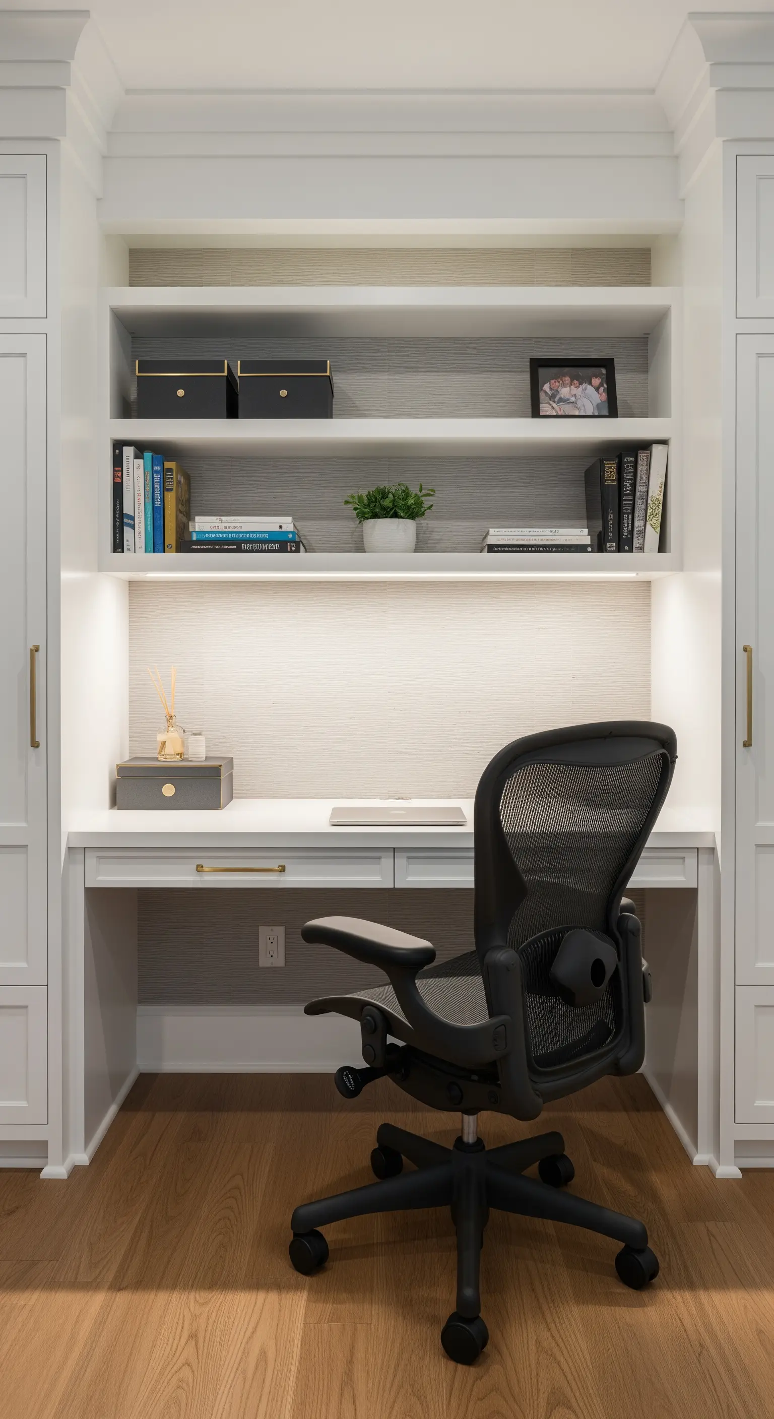 Postazione lavoro integrata in una libreria bianca, con illuminazione a LED e sedia ergonomica nera.