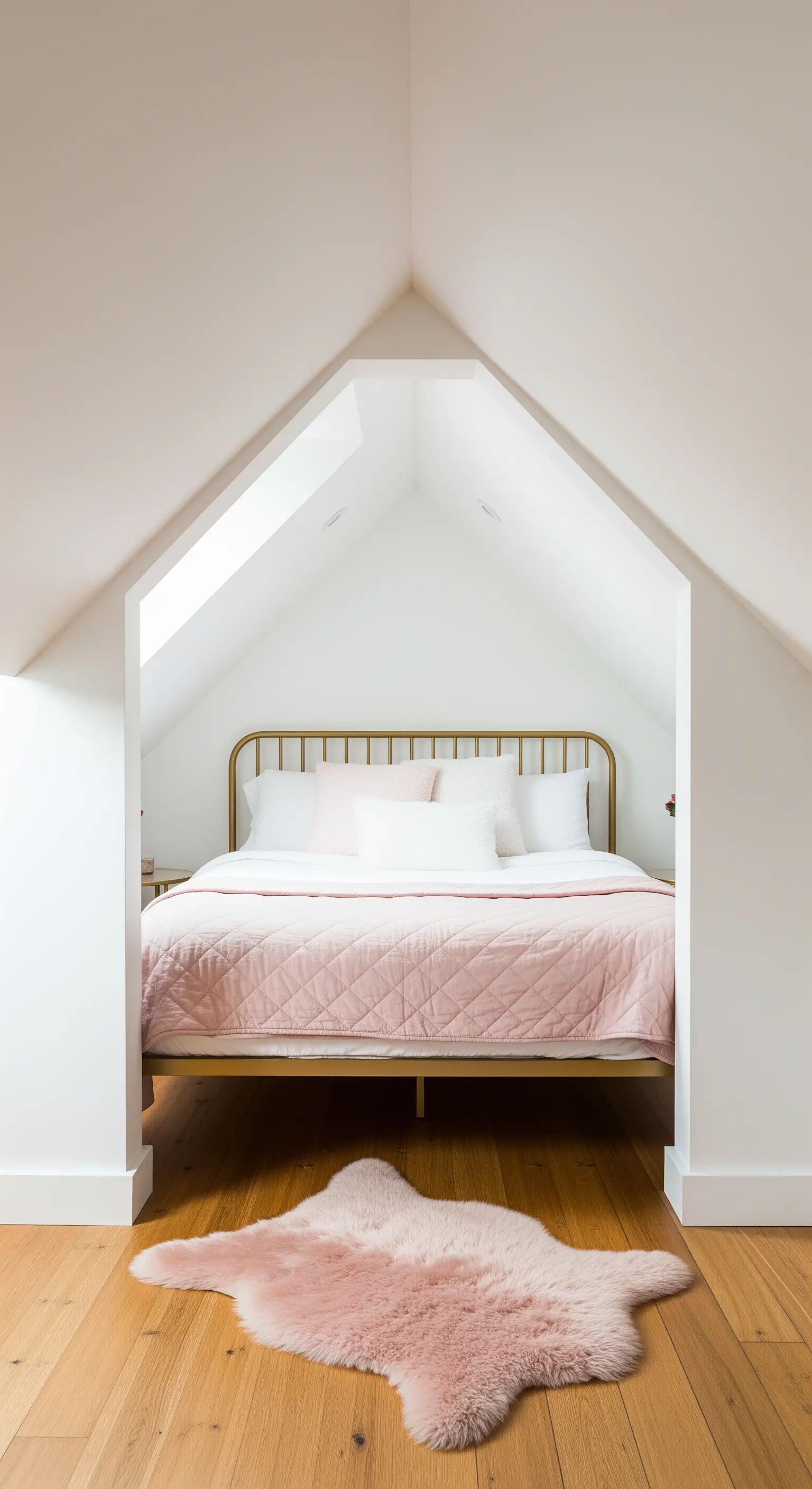 Letto con struttura dorata e copriletto rosa inserito in una nicchia bianca di una mansarda.