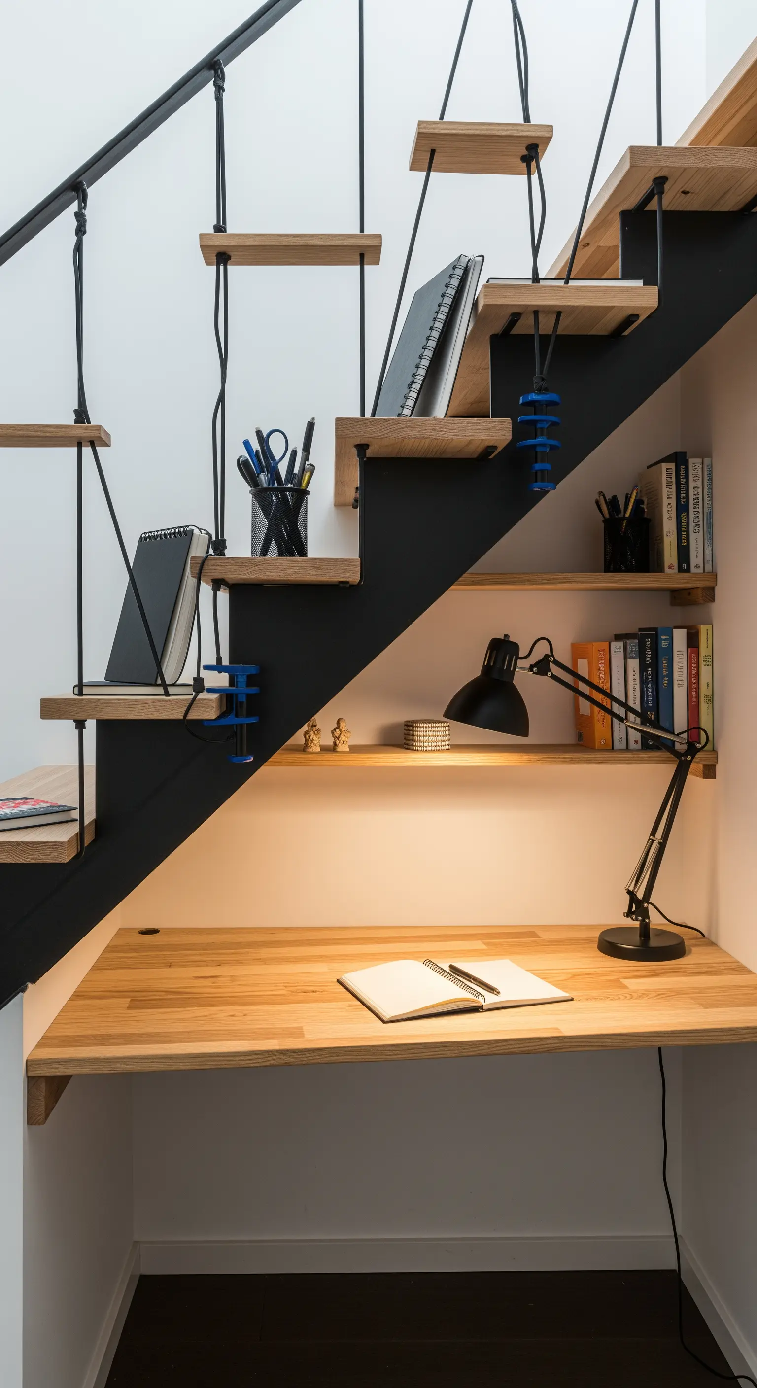Angolo studio compatto ricavato nel sottoscala, con scrivania in legno e struttura in metallo nero.