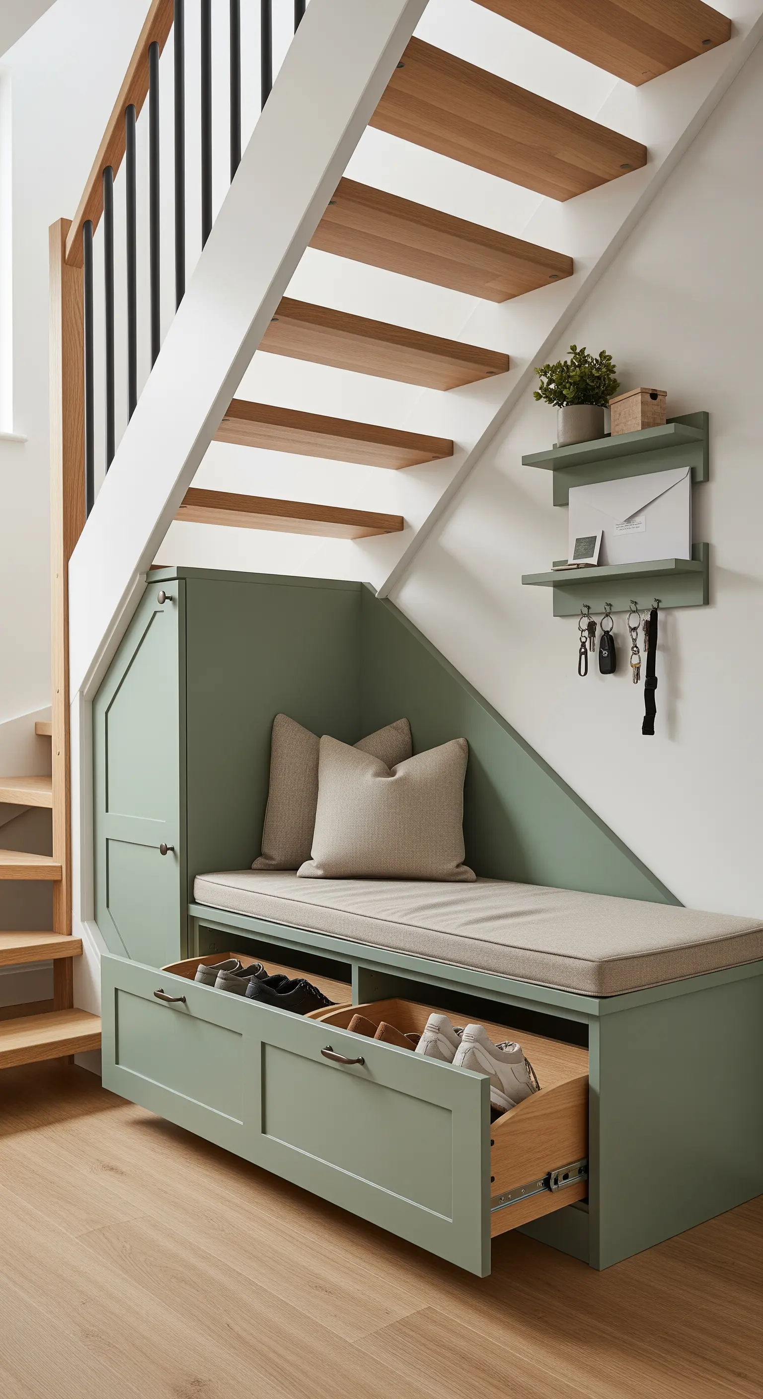 Panca su misura verde salvia con cassetti porta-scarpe, inserita nello spazio sottoscala.