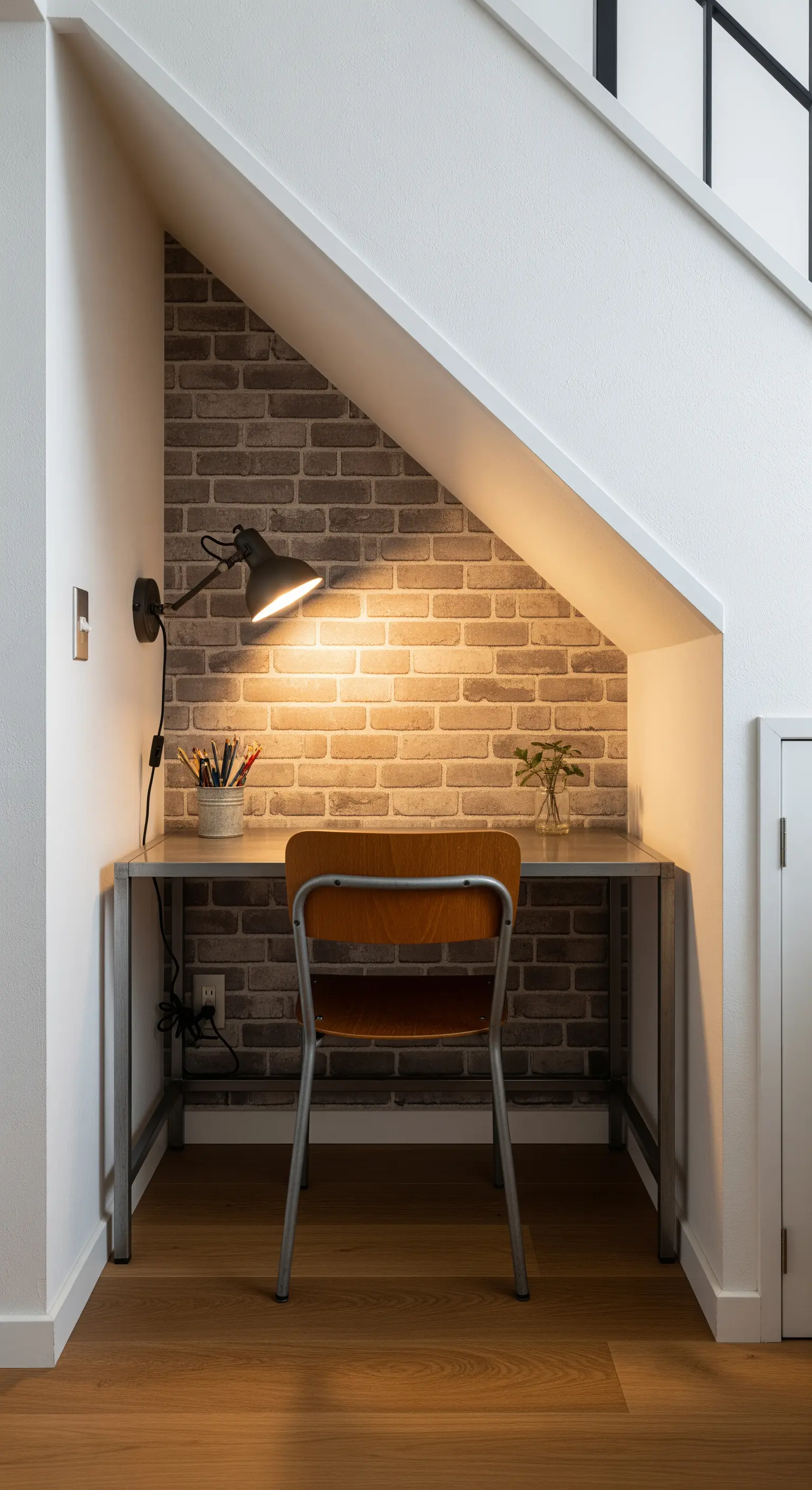 Angolo studio ricavato in una nicchia sottoscala con parete di mattoni e lampada.