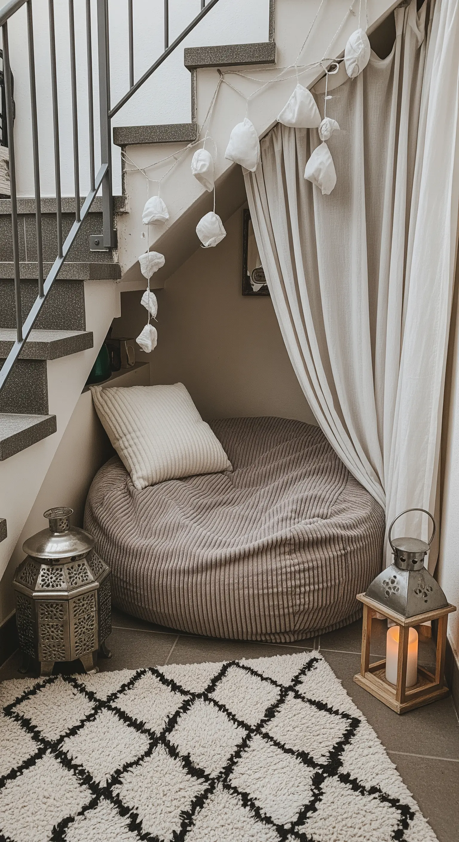 Angolo relax sotto le scale con pouf, tappeto berbero, lanterne e tenda.