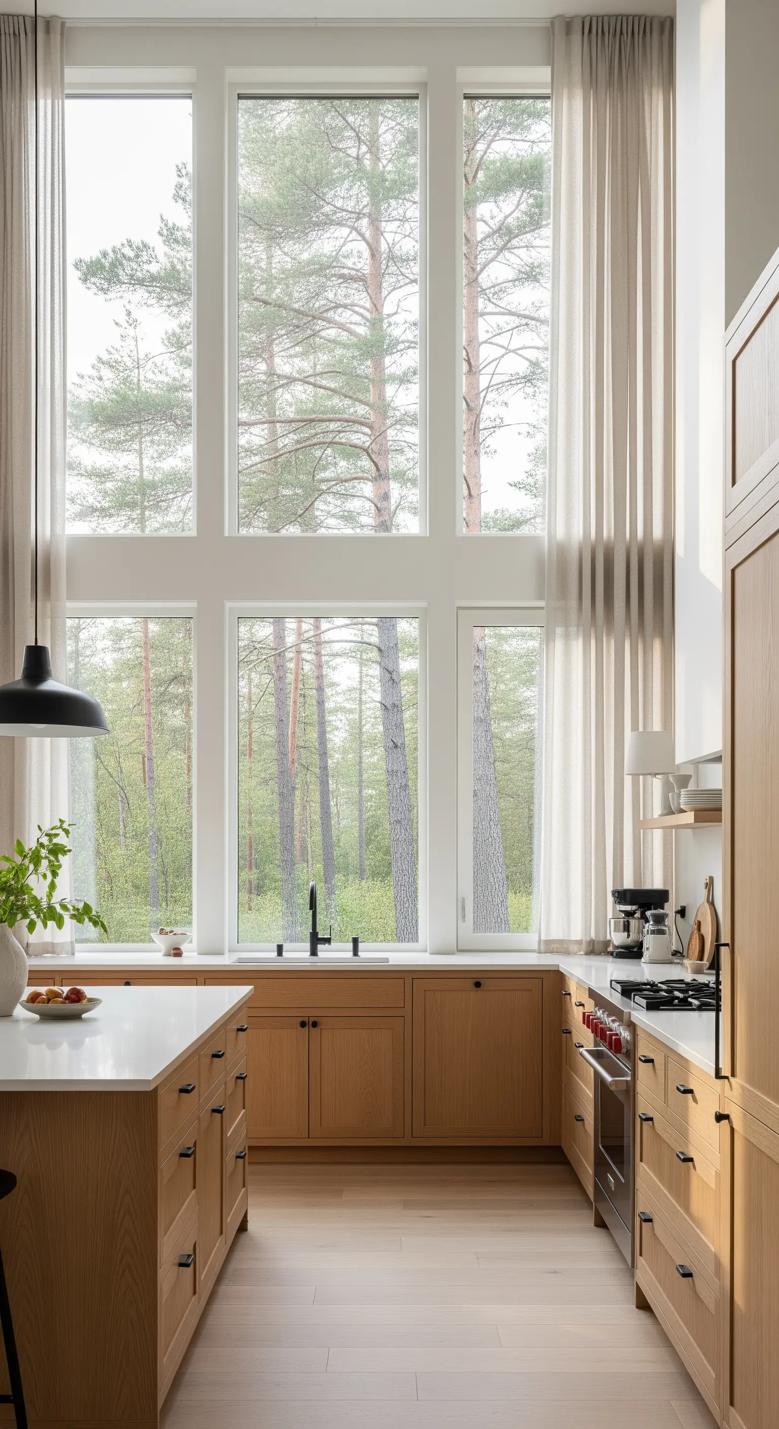 Cucina moderna in legno chiaro con finestre a tutta altezza e tende color crema.