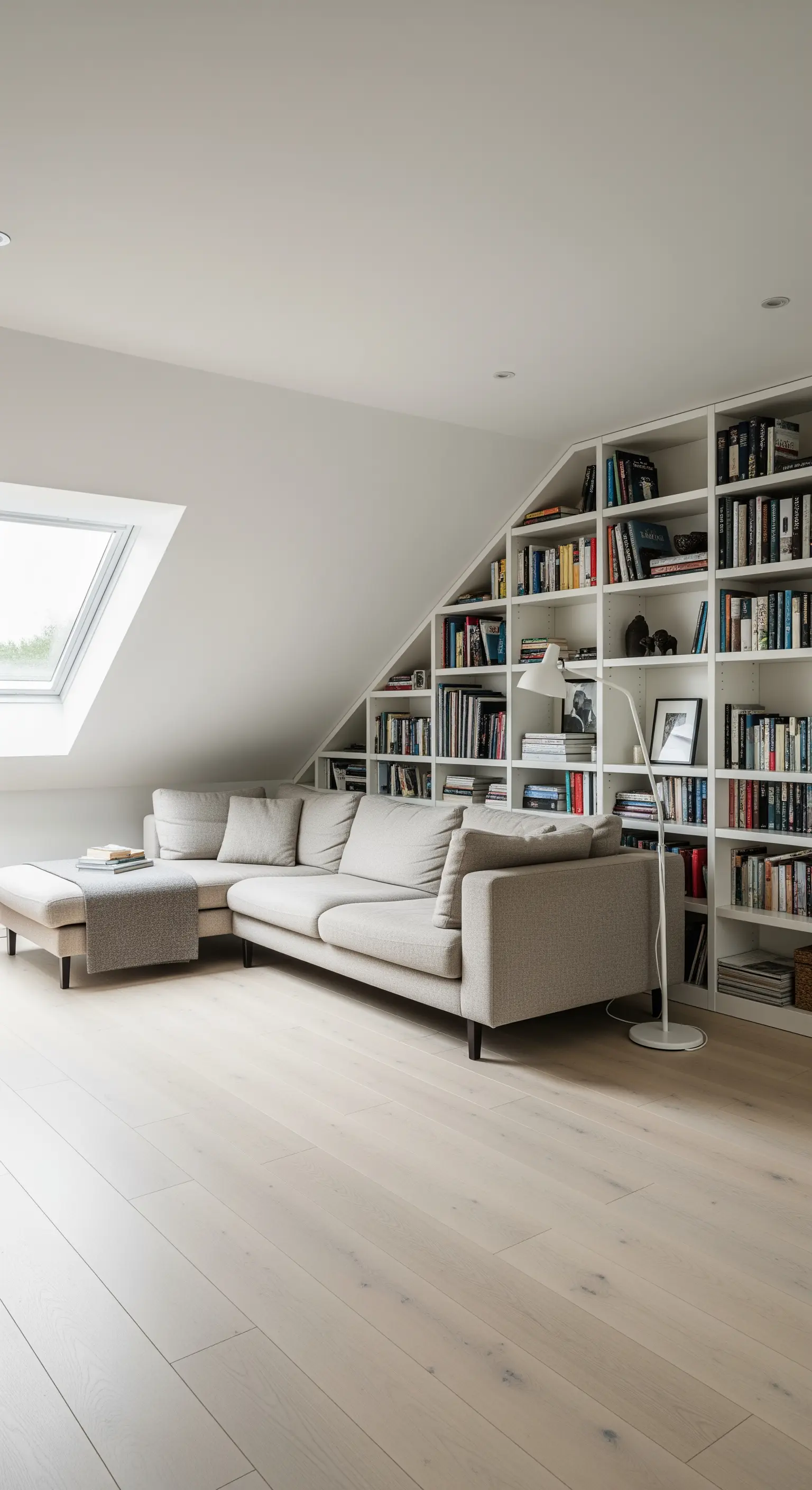 Salotto in mansarda con libreria bianca su misura che segue l'inclinazione del tetto.