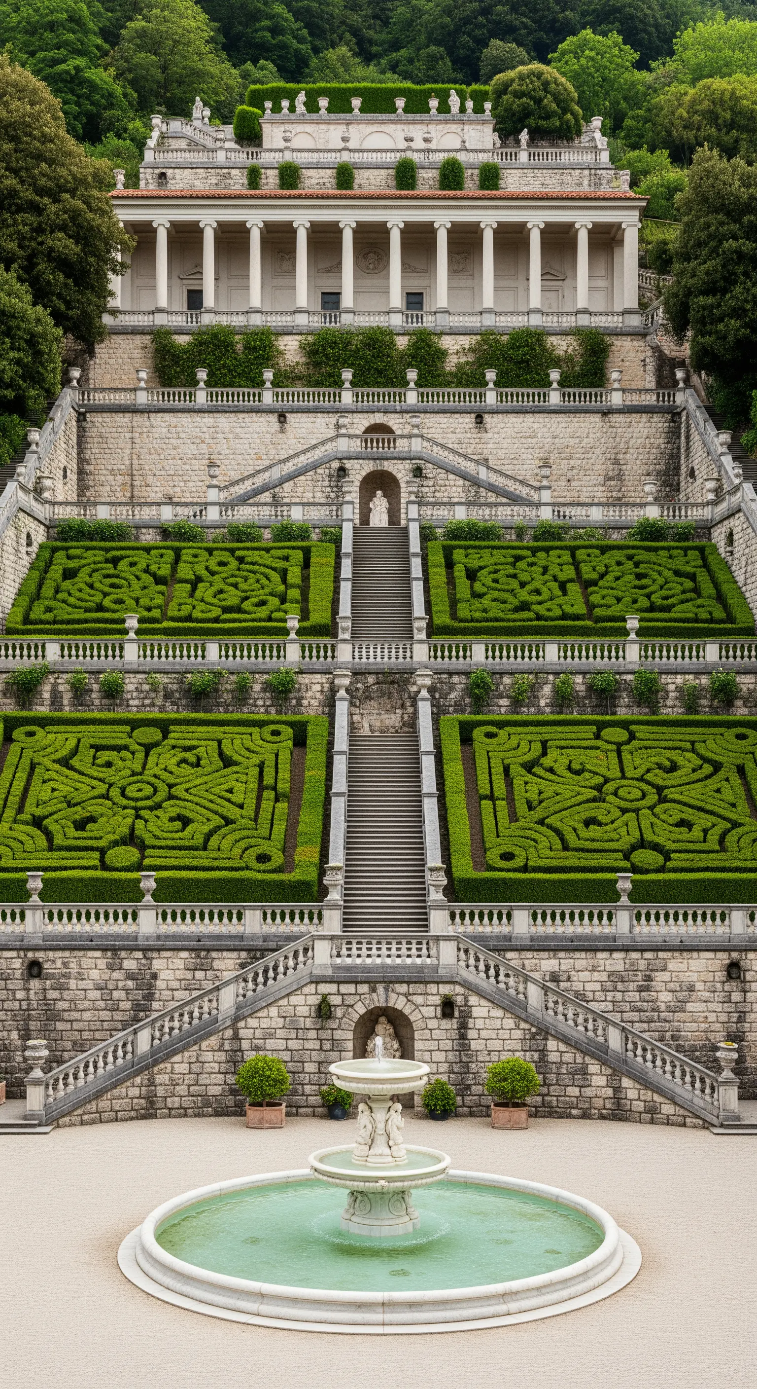 Imponente villa su una collina con un giardino a terrazze, scalinate monumentali e parterre geometrici