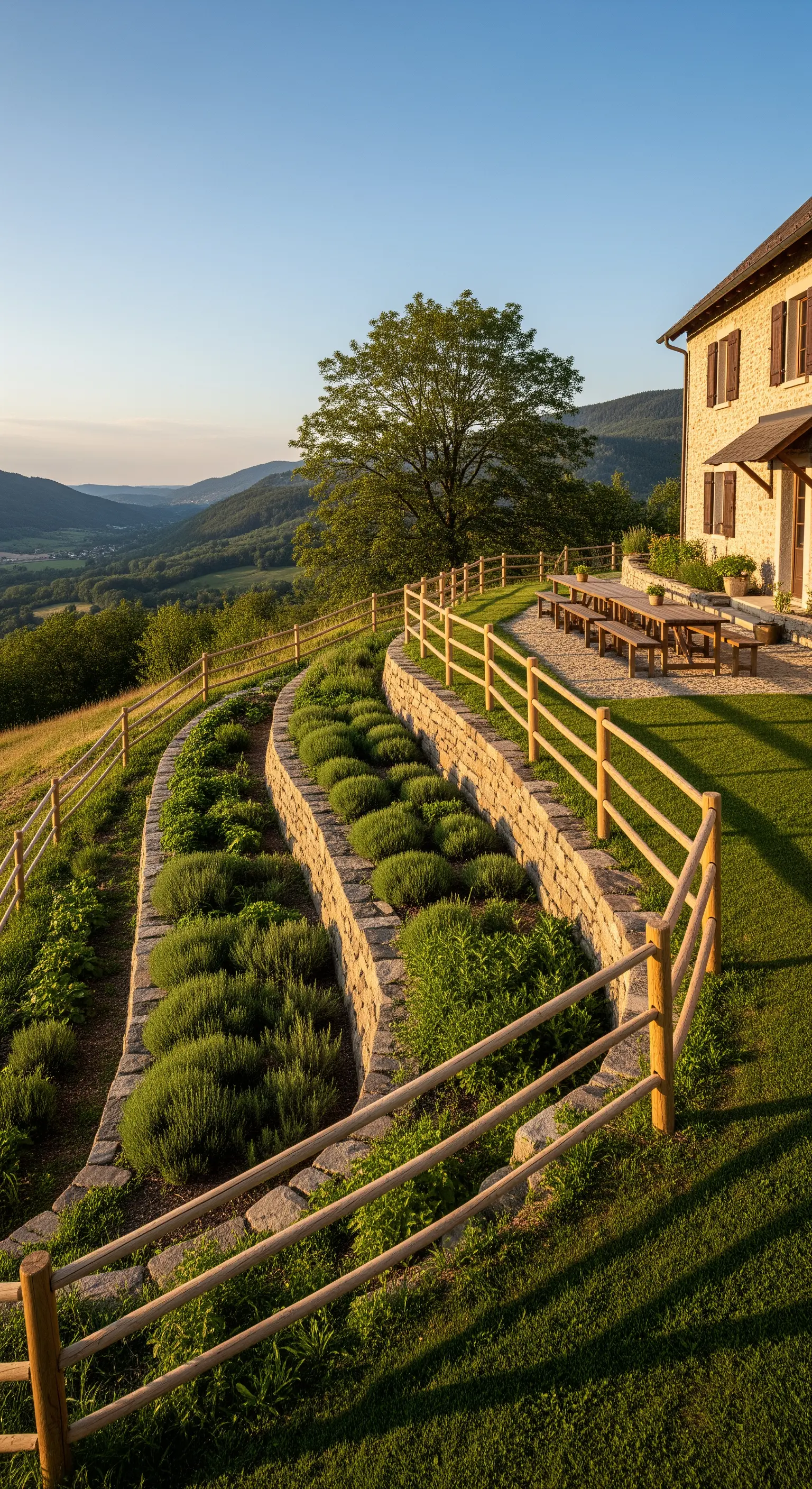 Orto aromatico su terrazzamenti in pietra e legno su una collina panoramica.
