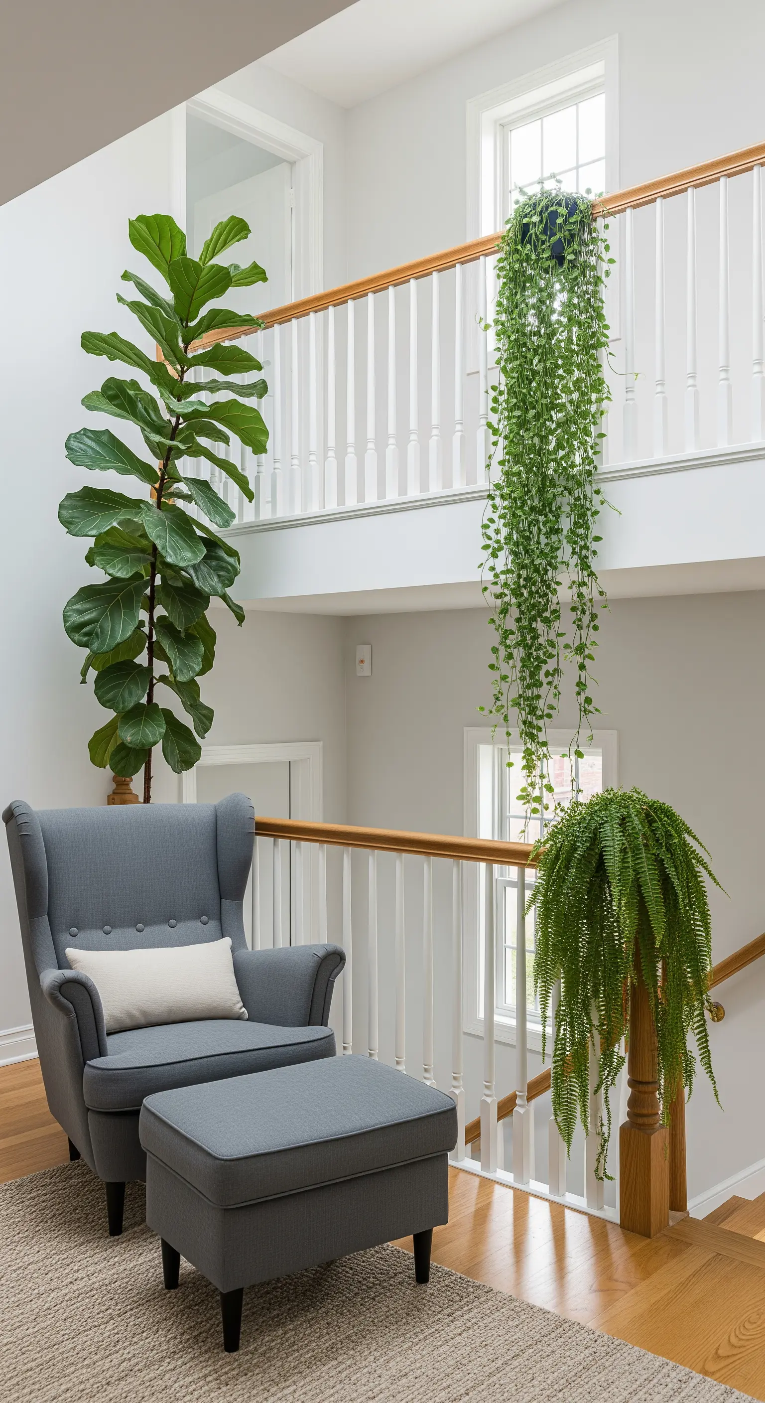 Poltrona grigia su un pianerottolo con un Ficus lyrata alto e una pianta a cascata dal piano superiore.