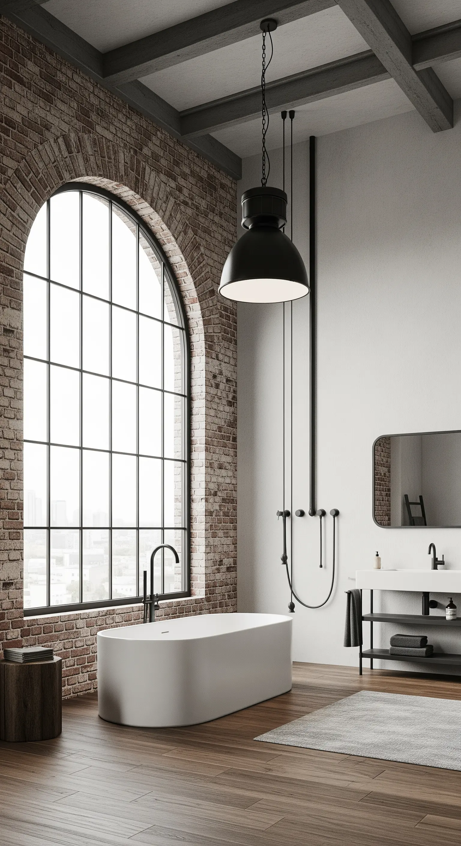 Bagno in un loft con ampia finestra ad arco, travi a vista e grande lampada a sospensione.