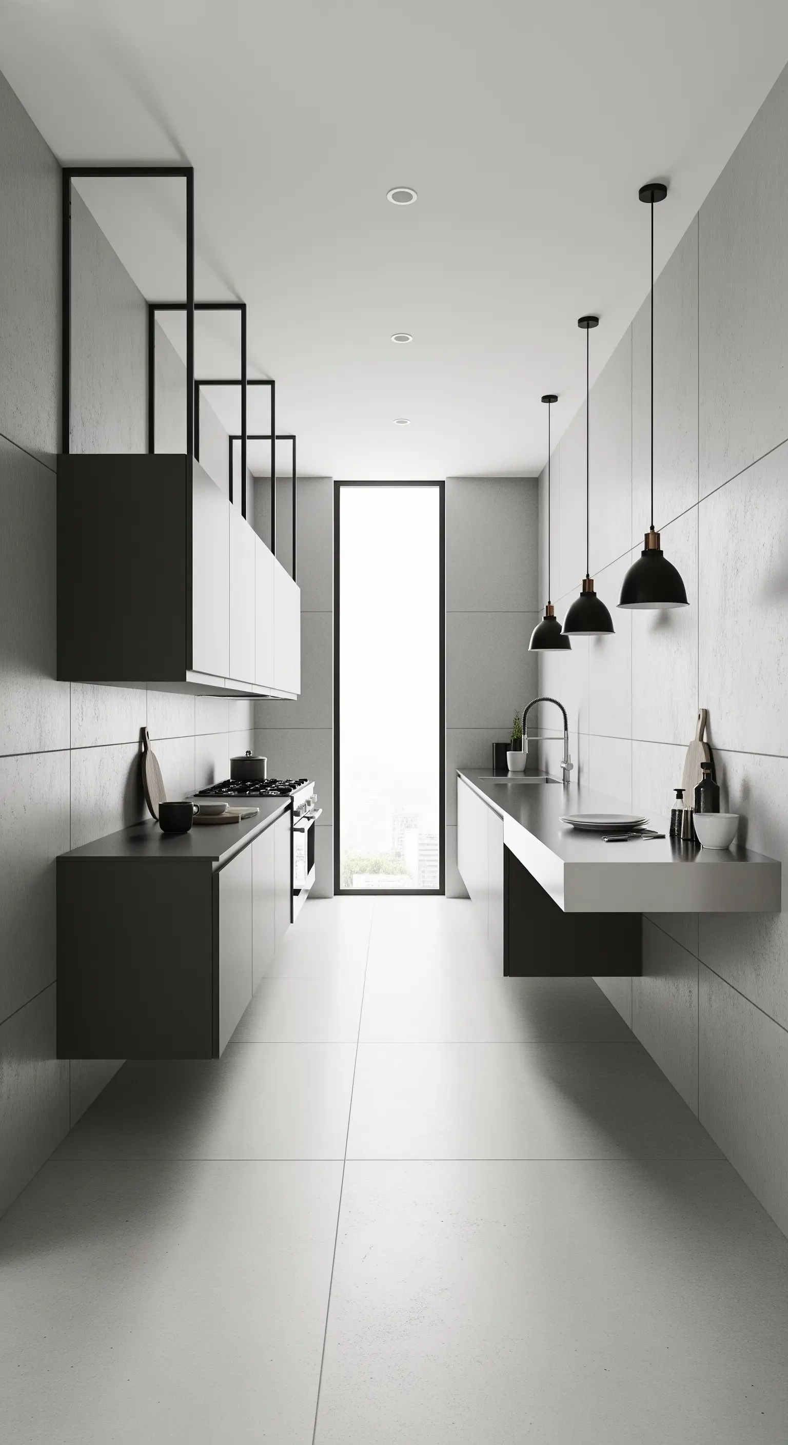 Cucina stretta e lunga con mobili sospesi su entrambi i lati e strutture metalliche aeree.