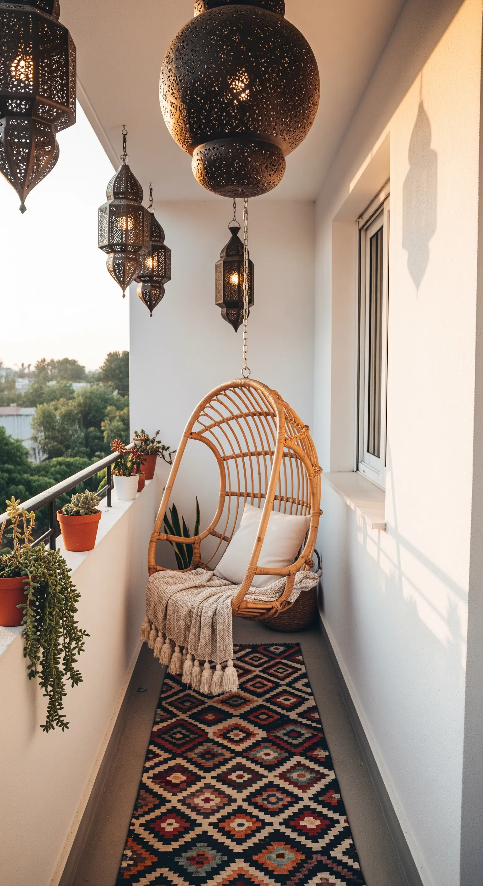 Balcone stretto con sedia a dondolo in rattan, lanterne marocchine sospese e tappeto kilim.
