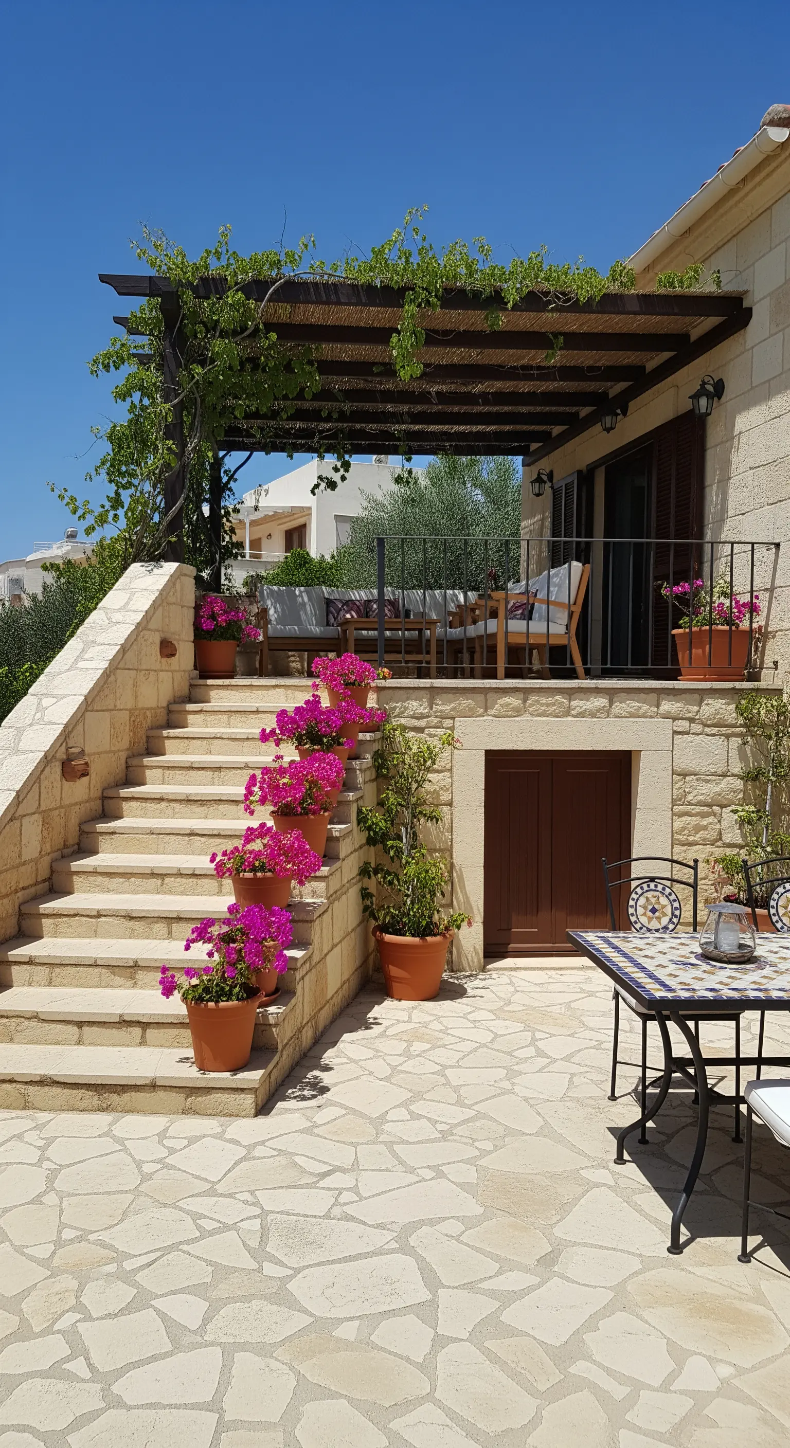 Patio a più livelli con scala in pietra decorata da vasi di bouganville fucsia.