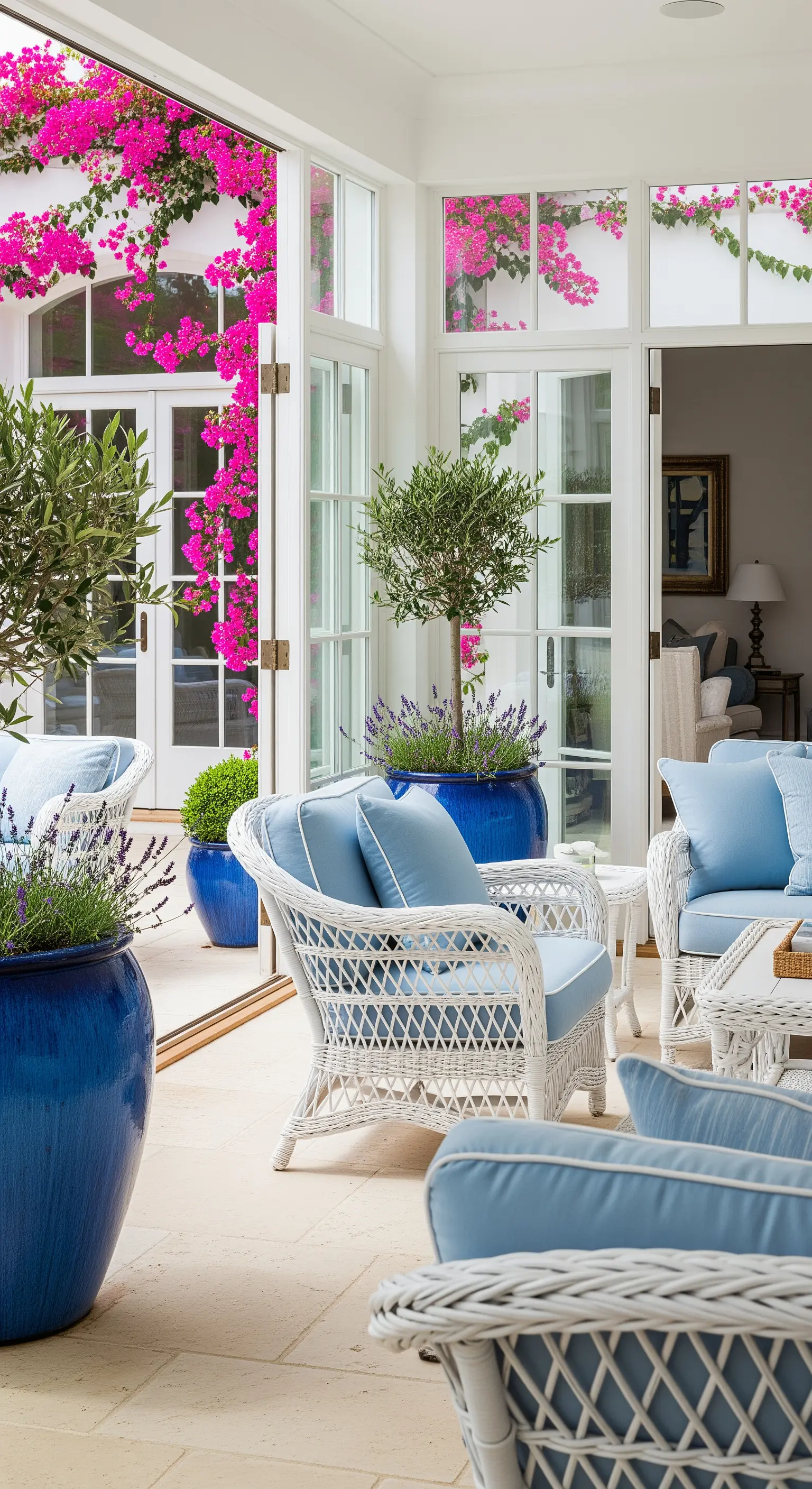 Patio luminoso con poltrone in vimini bianco, cuscini azzurri e grandi vasi blu con piante.