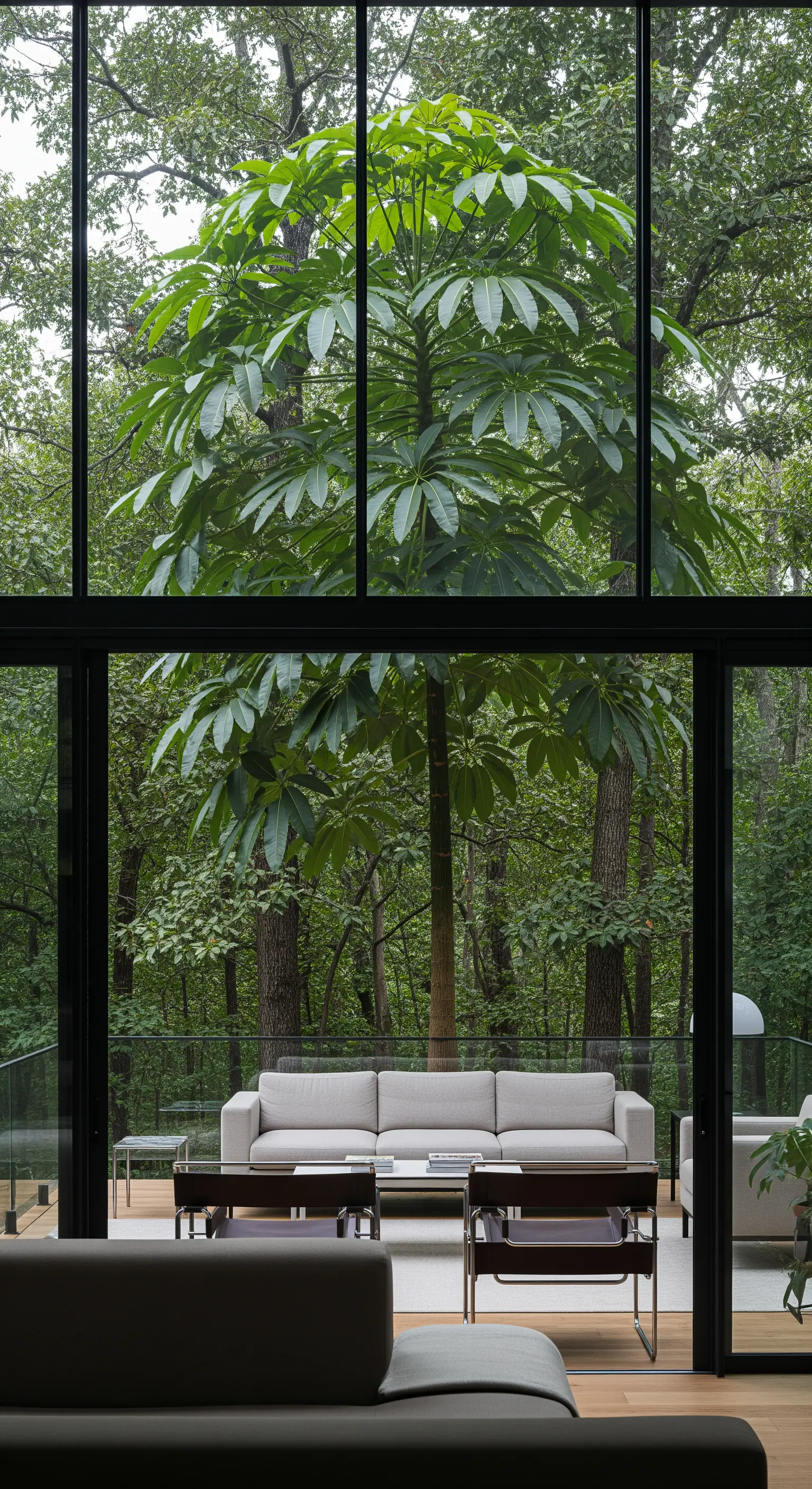 Soggiorno minimalista con una grande vetrata che si affaccia su una foresta rigogliosa.