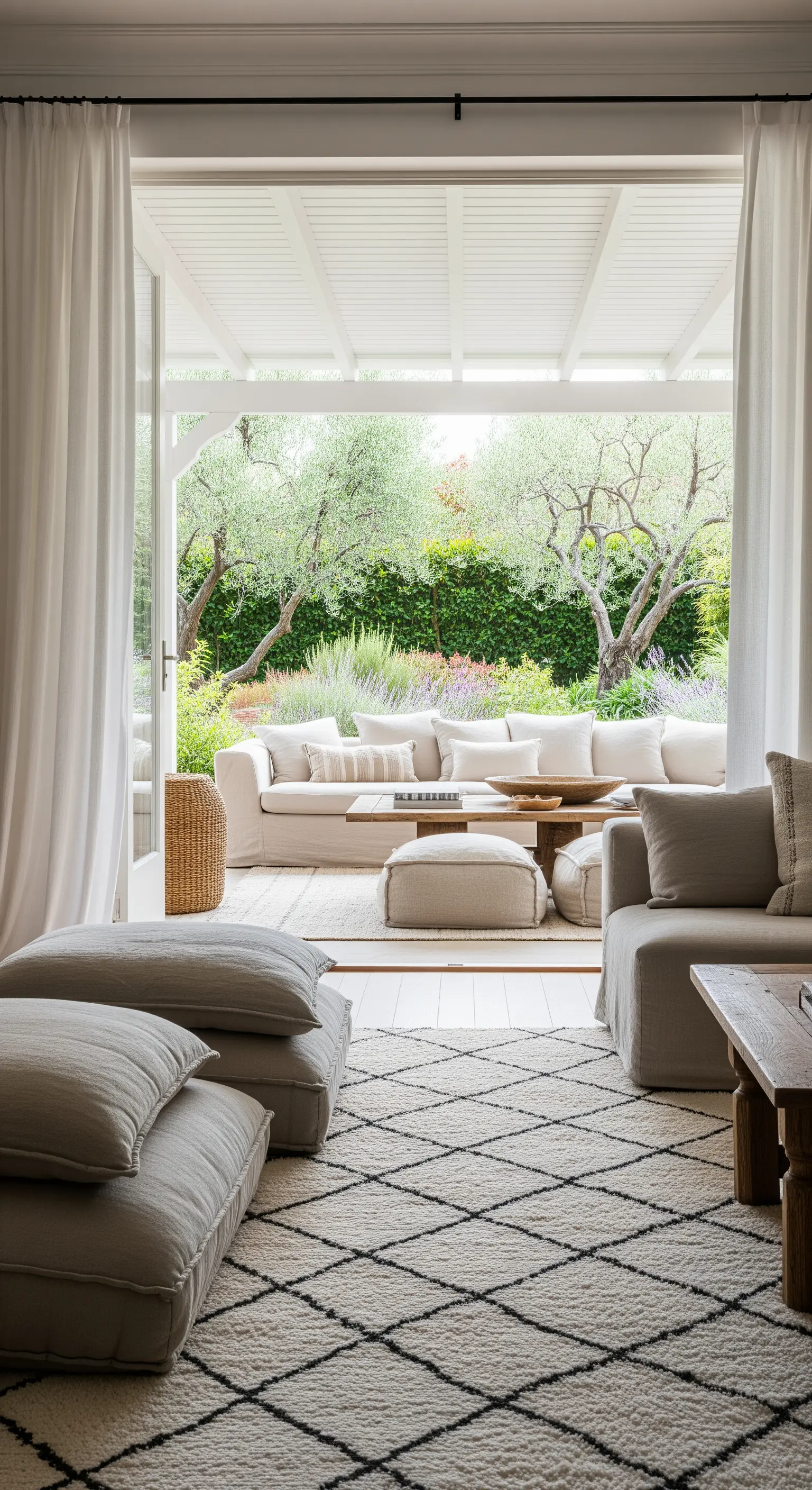 Soggiorno che si apre su un portico con divano in lino e tappeto berbero.